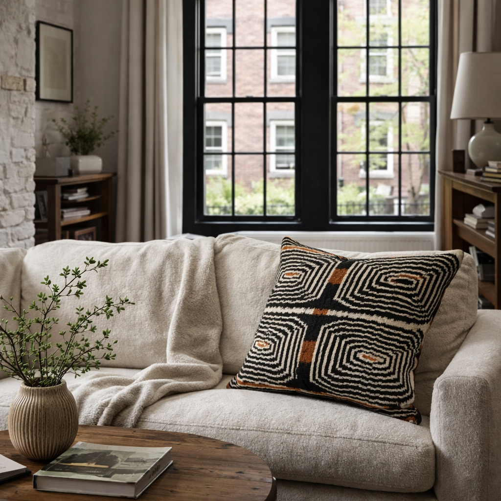 Luxury silk velvet ikat pillow with black geometric labyrinth pattern and orange accents, styled on a beige sofa in a modern living room with large windows.