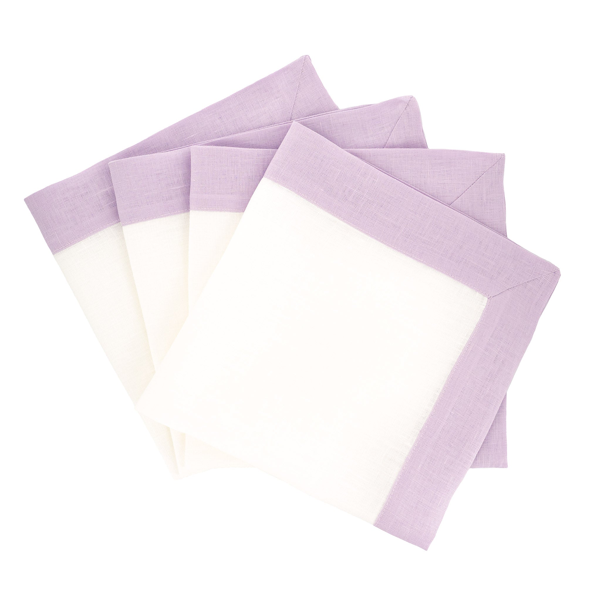 Handmade lilac linen napkins with double-sided borders, perfect for both casual gatherings and fancy events.