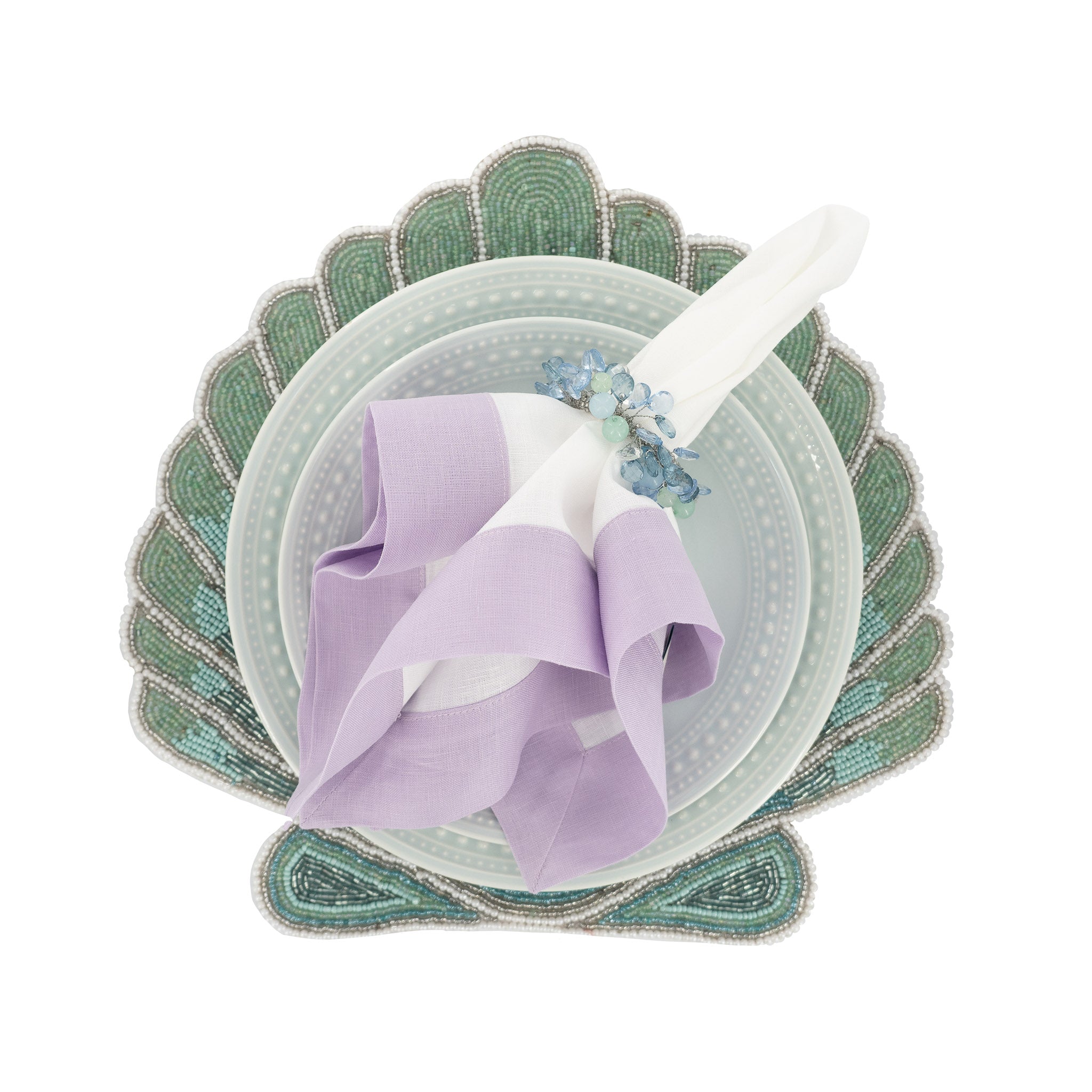 Lilac linen napkins with double-sided borders, crafted to add a touch of luxury and sophistication to any meal.