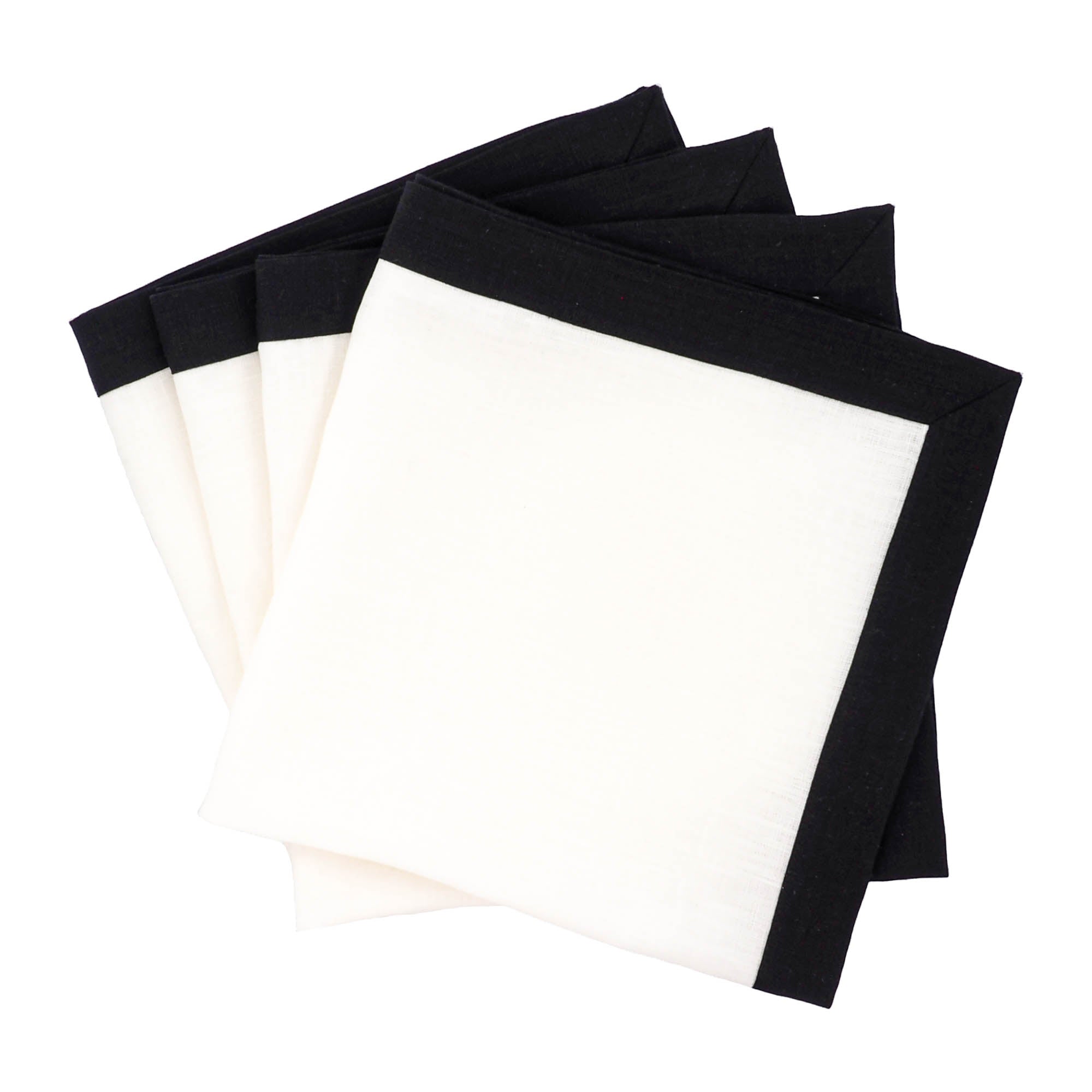 Set of 4 linen napkins with double-sided black borders, handmade for a versatile and elegant table setting.