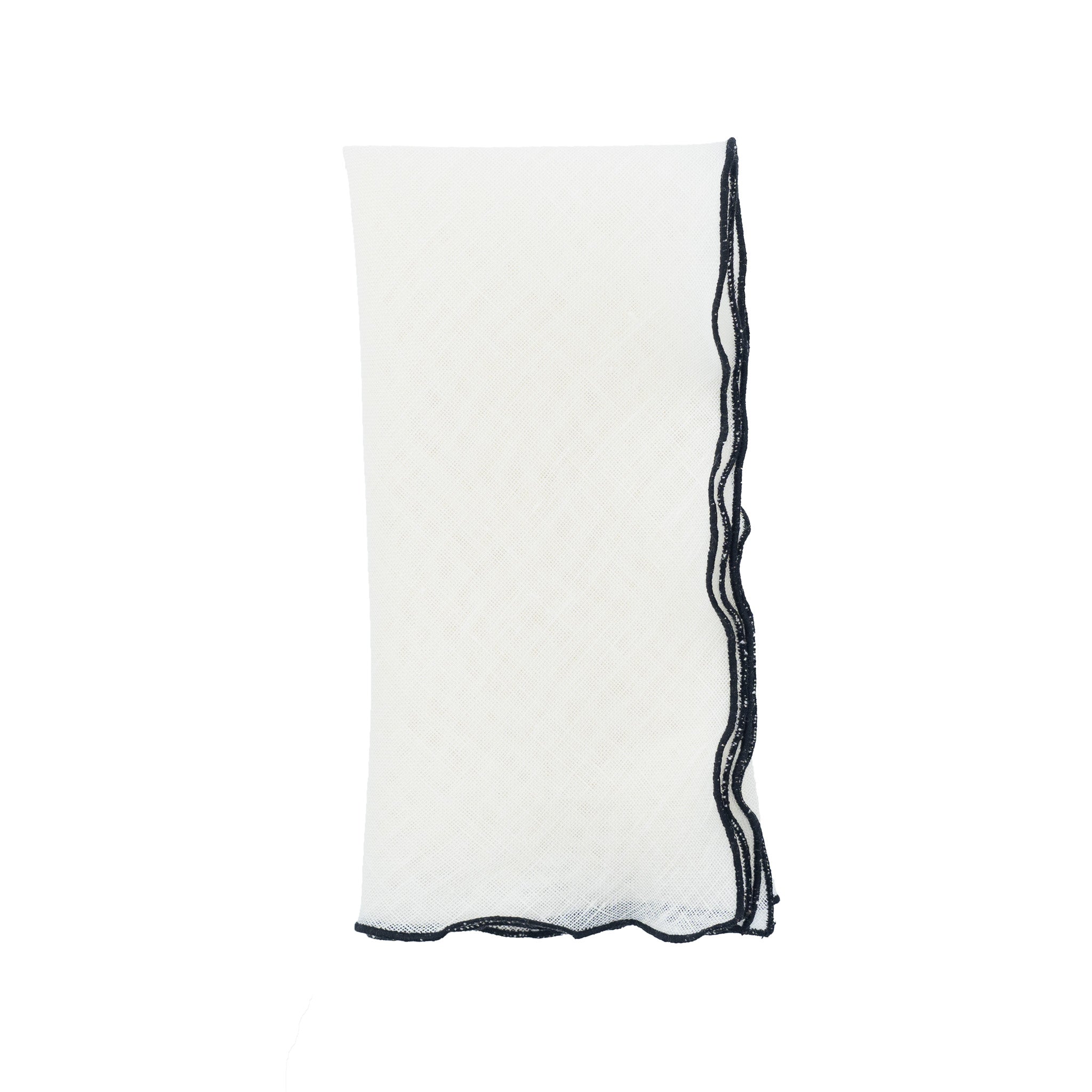 Premium linen napkins featuring black ruffled edges, perfect for a classic, elegant dining experience.