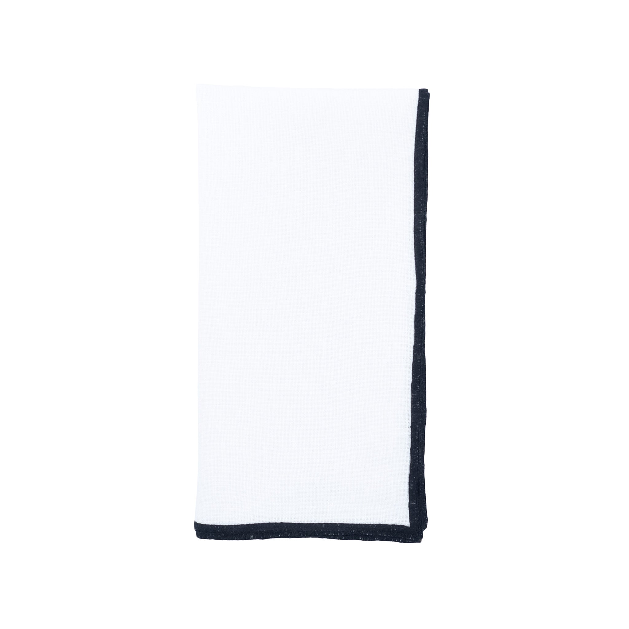 Set of 4 white linen napkins, 18x18 inches, with black satin stitch edges for a modern and refined dining experience.