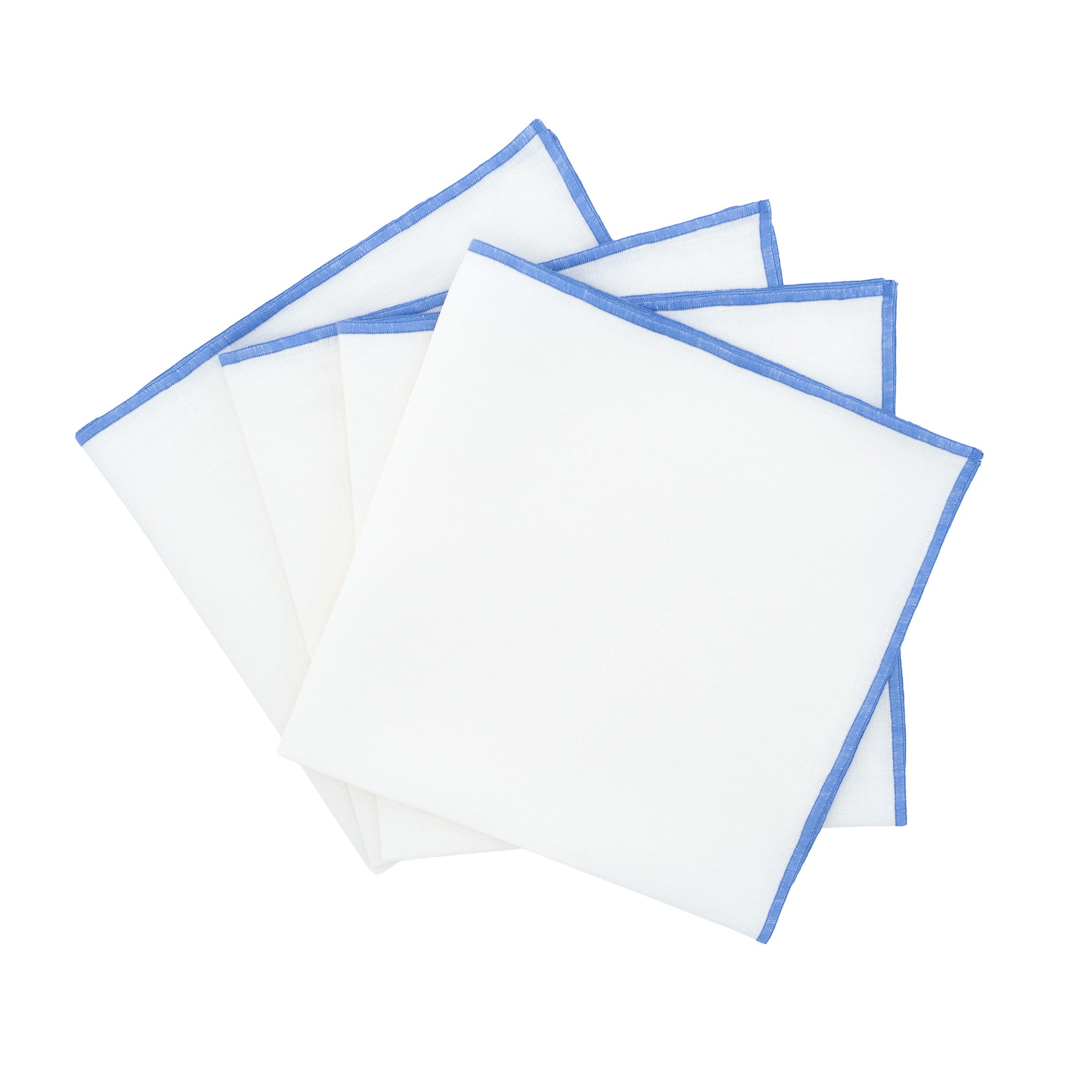 Premium white linen napkins featuring elegant blue stitch edges, perfect for adding a stylish touch to your dining decor.