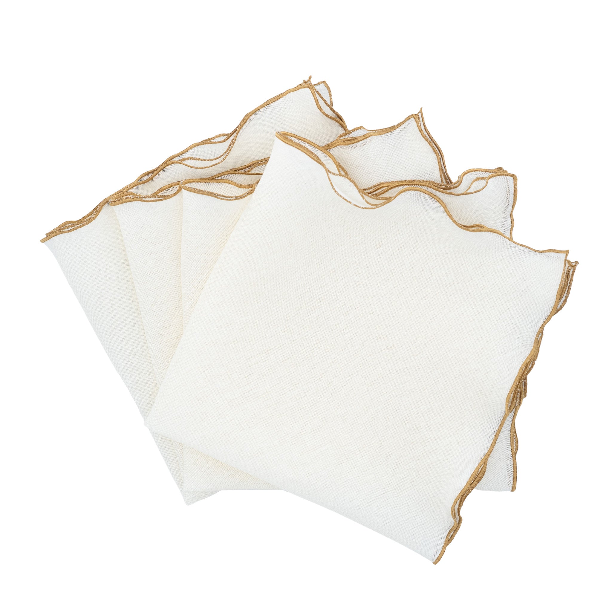 Set of 4 linen napkins with gold ruffled edges, handmade for a luxurious and elegant table setting.