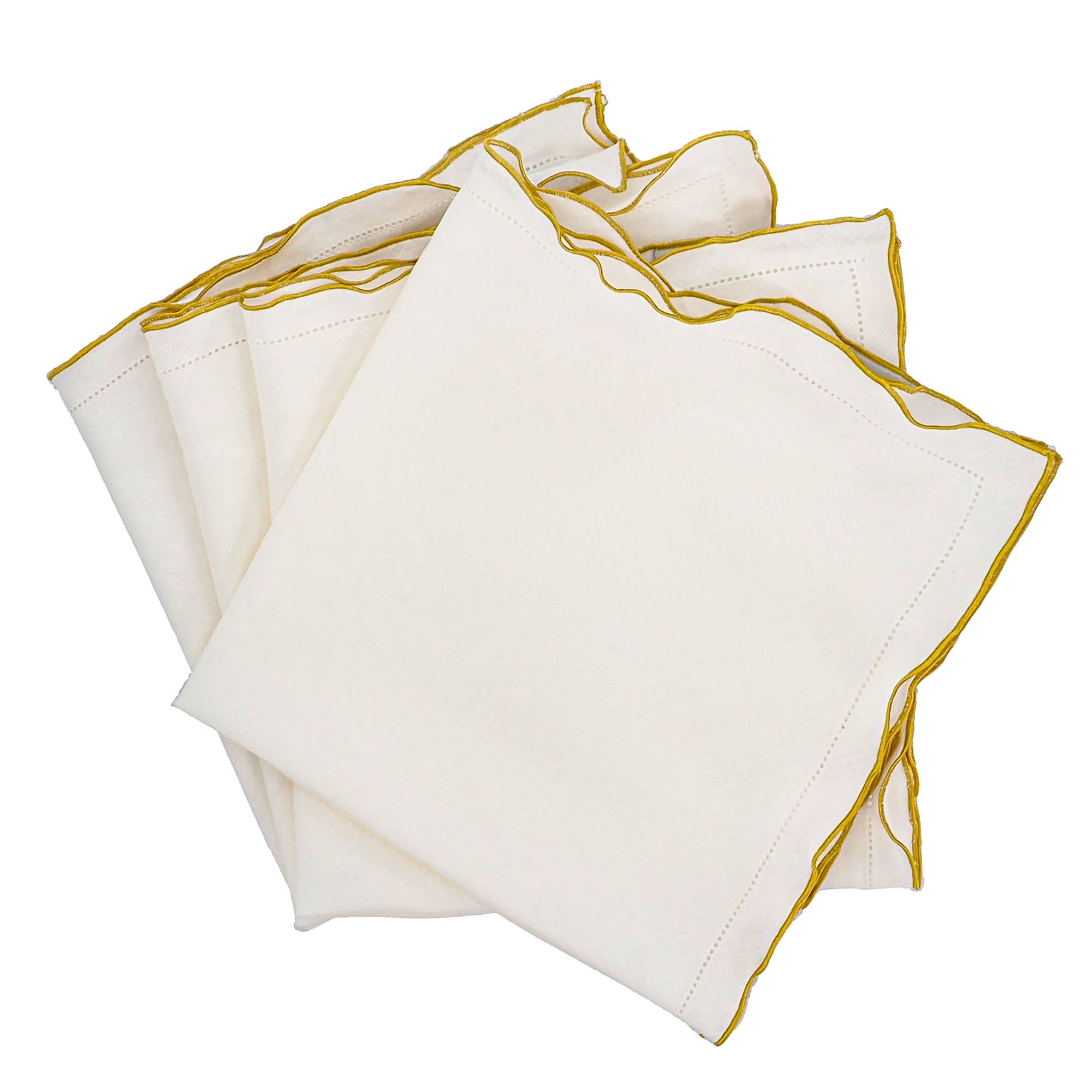 Luxurious linen napkins with gold hemstitching, designed to enhance your tabletops with a sophisticated touch.