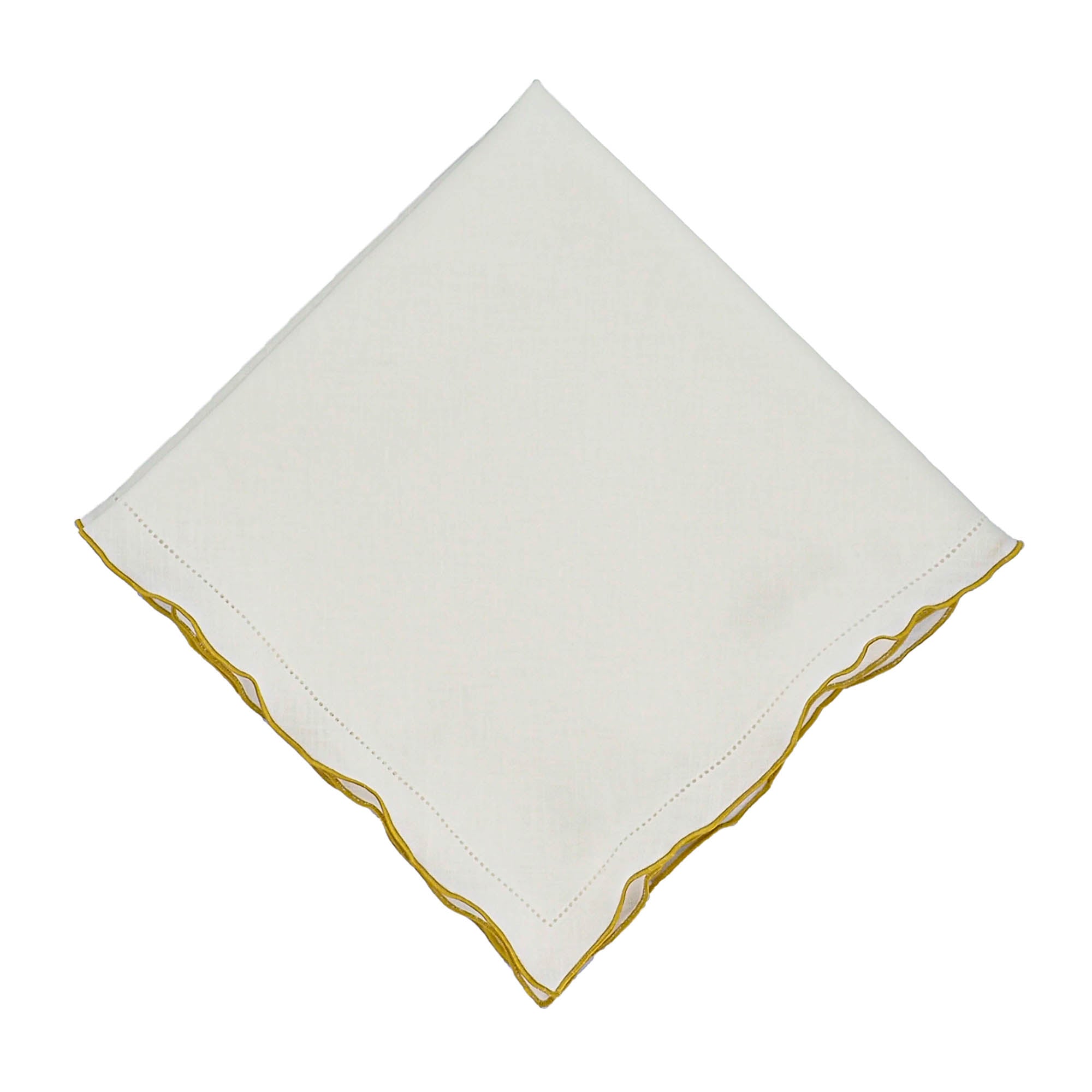 Premium white linen napkins featuring elegant gold ruffled edges, perfect for elevating your dining decor.