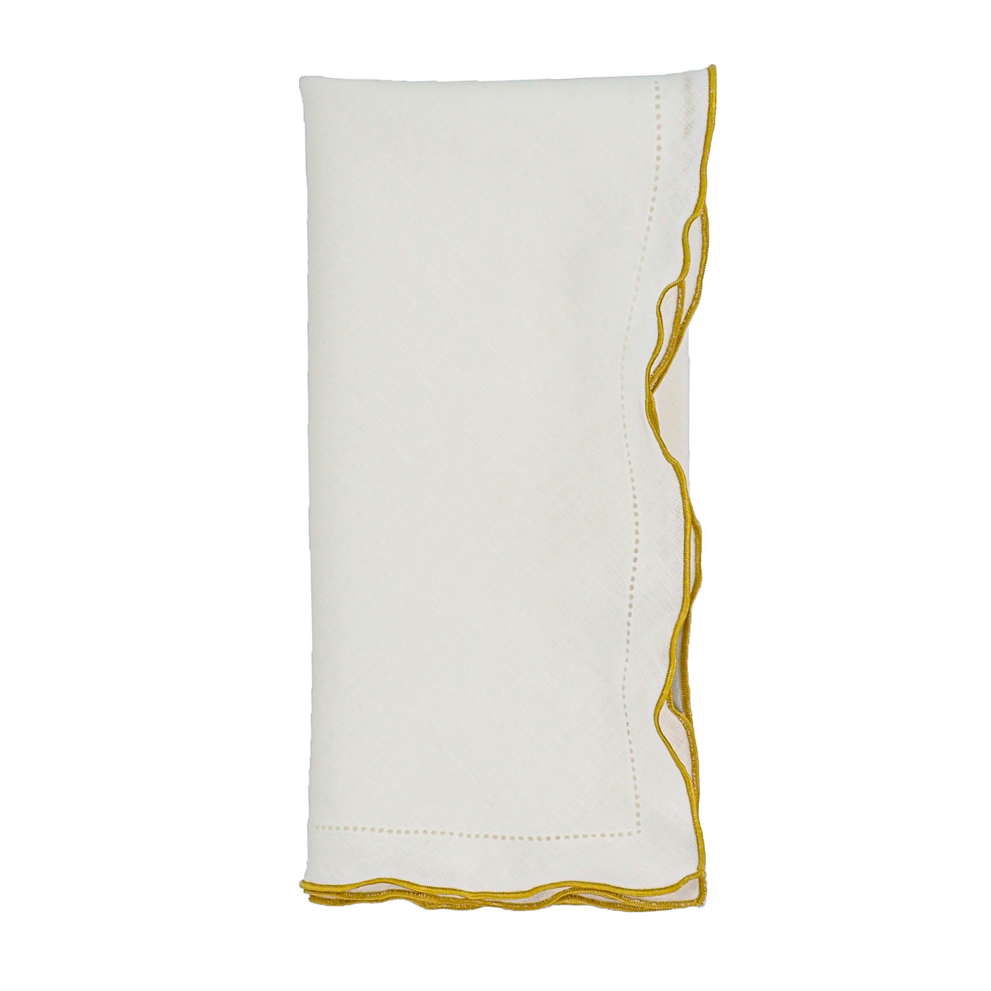 Set of 4 linen napkins, 21x21 inches, with gold ruffled hemstitch for a chic and stylish dining experience.