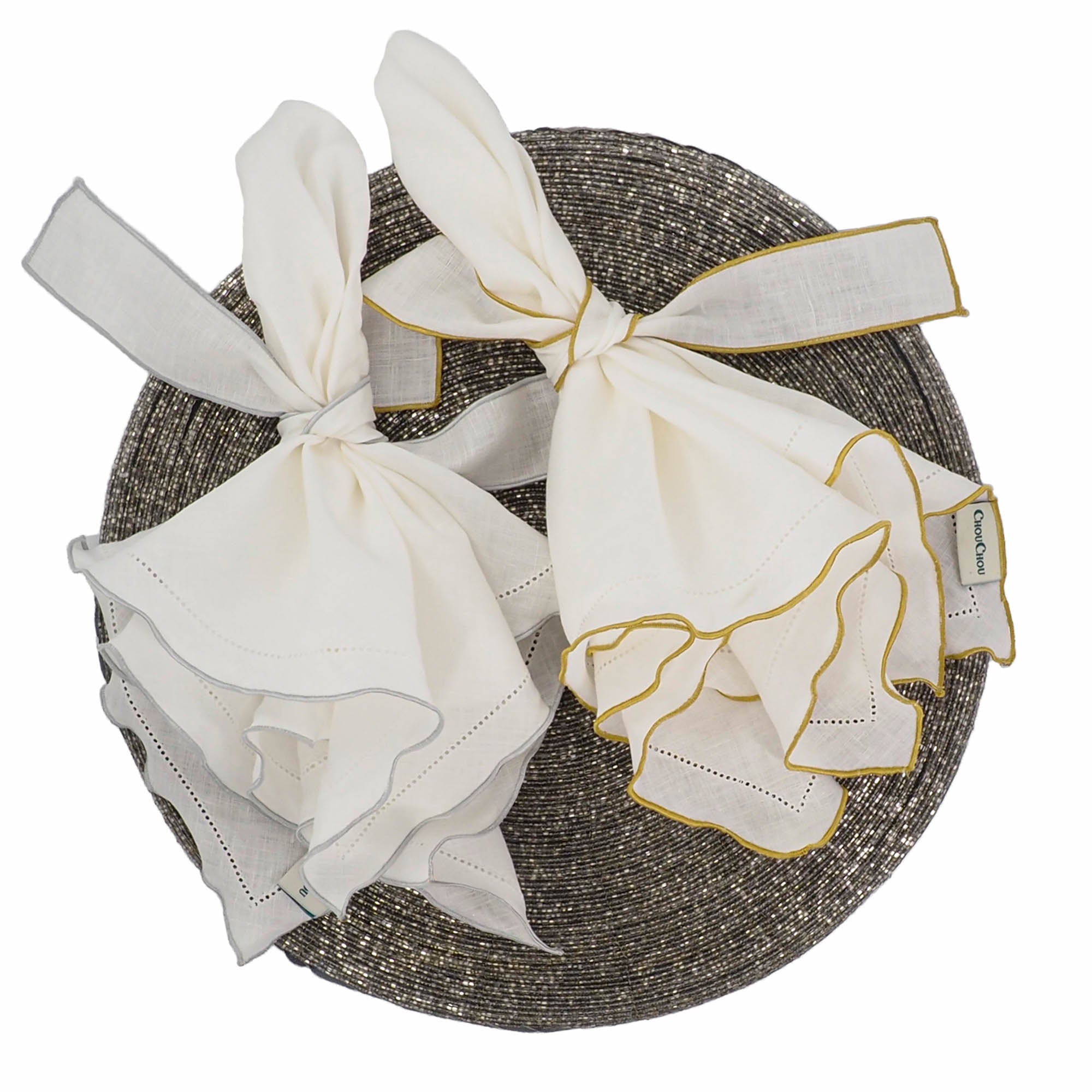 Chouchou Touch handmade linen napkins with gold ruffled edges, ideal for special occasions and everyday meals.