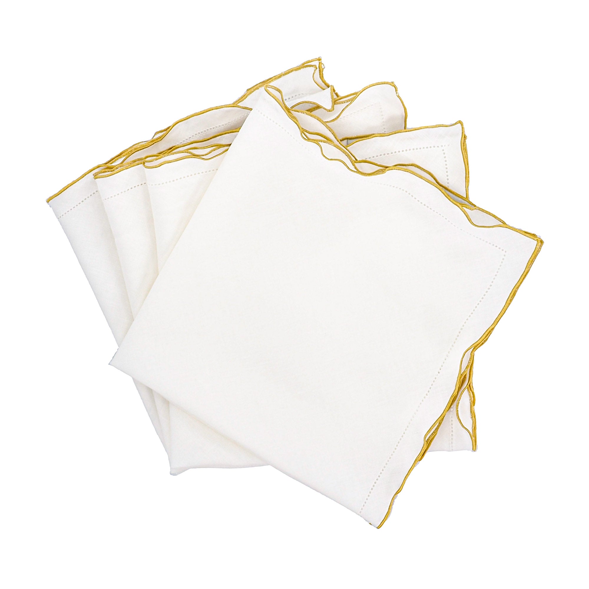 Set of four elegant white linen napkins with gold embroidered edge - handcrafted from 100% premium linen, soft and durable, perfect for weddings, holiday tables, formal dinners, and everyday entertaining, styled by ChouChou Touch.