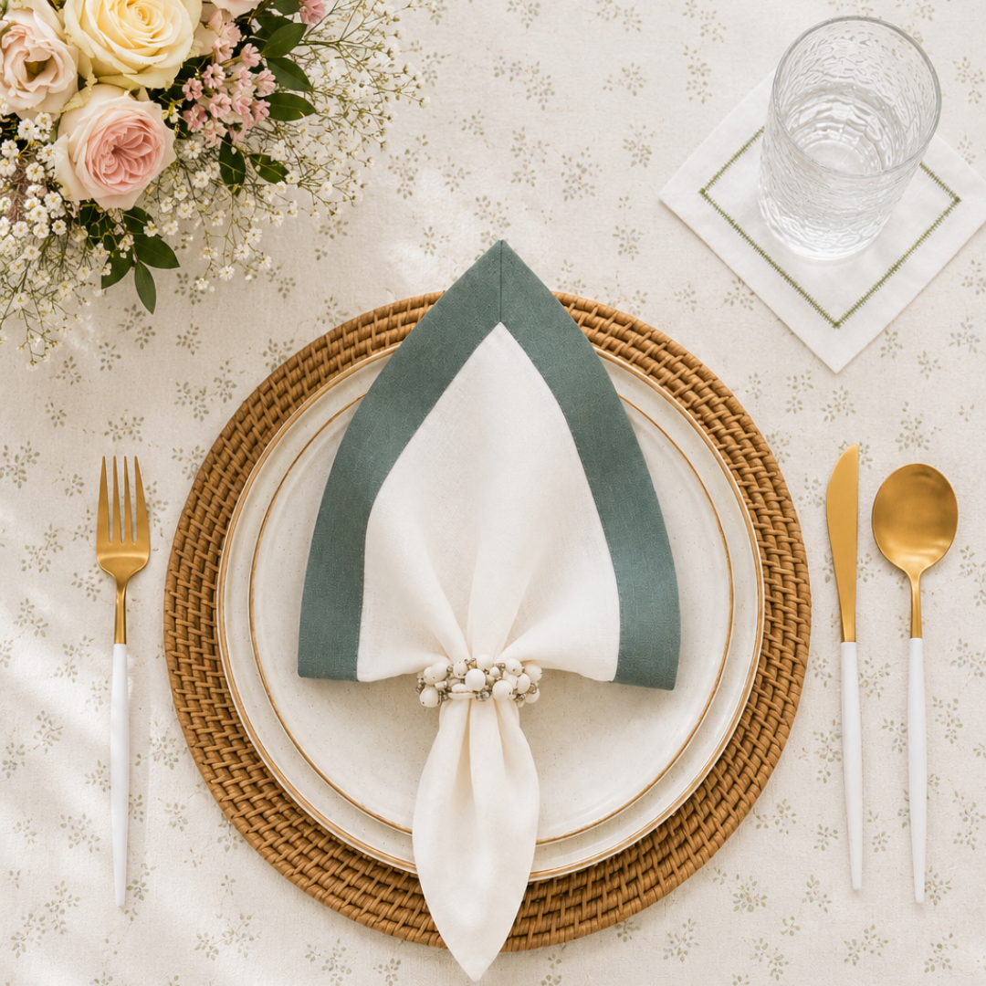 A styled flat-lay table setting featuring a folded white napkin with a sage green border, tied with a pearl-beaded ribbon. The napkin is arranged on a gold-rimmed white plate over a woven brown placemat, with a gold fork, gold knife, and white-handled cutlery on either side.