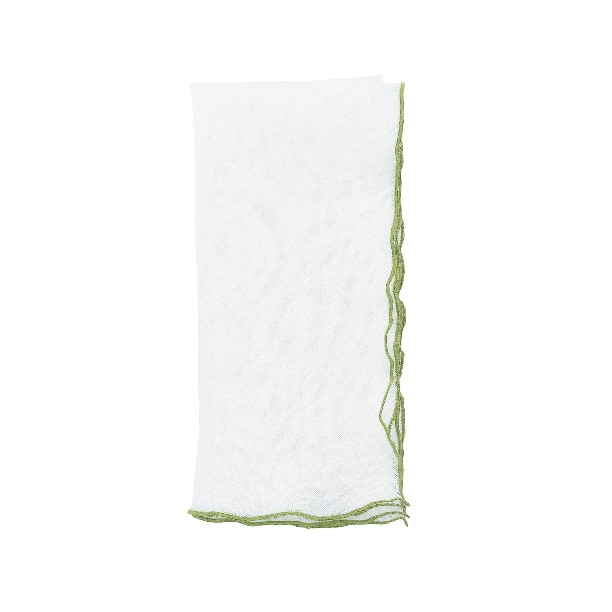 Luxurious linen napkins with green ruffled trim, designed to enhance the texture and style of any table setting.