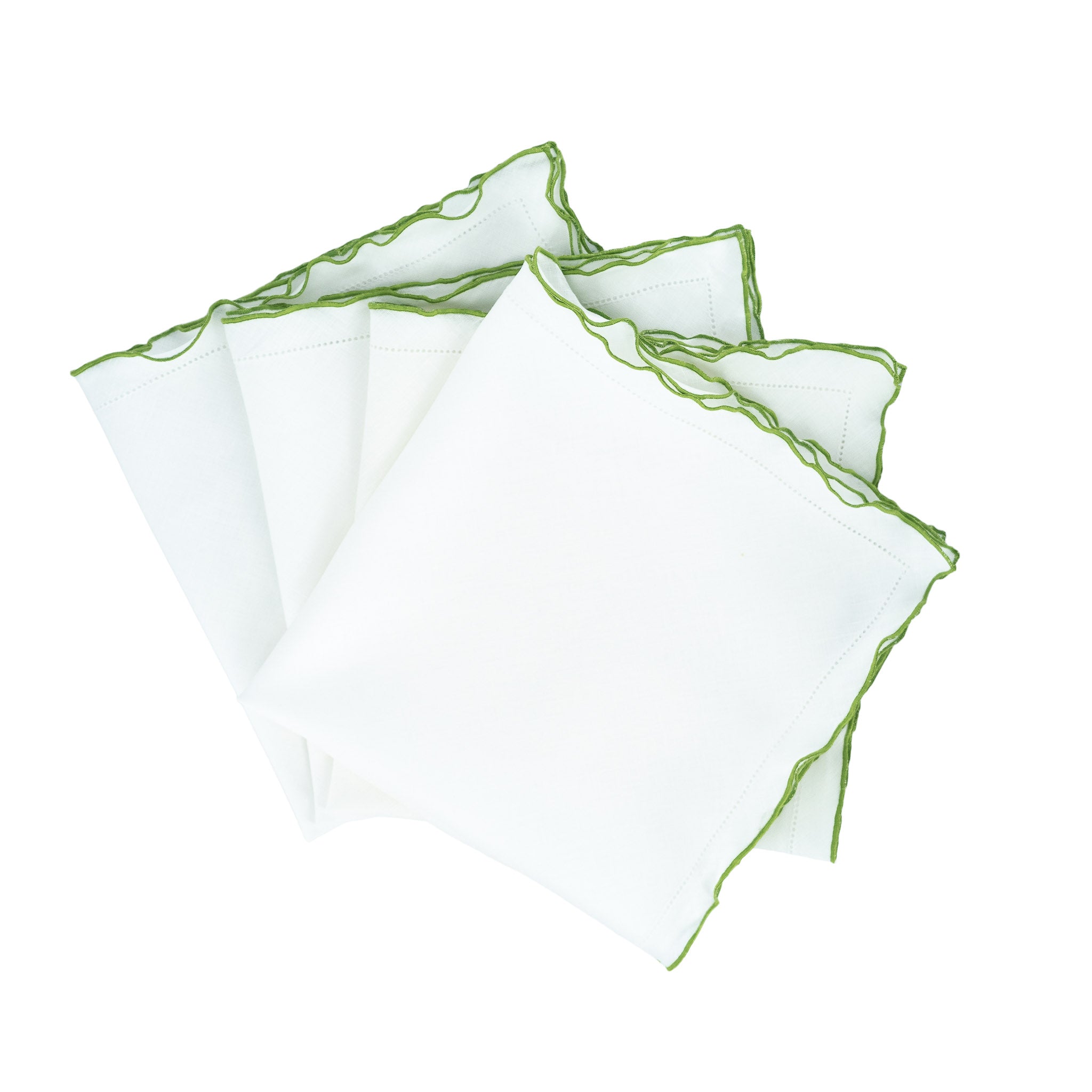 Luxurious white linen napkins with green ruffled hemstitching, designed to enhance your dining experience.