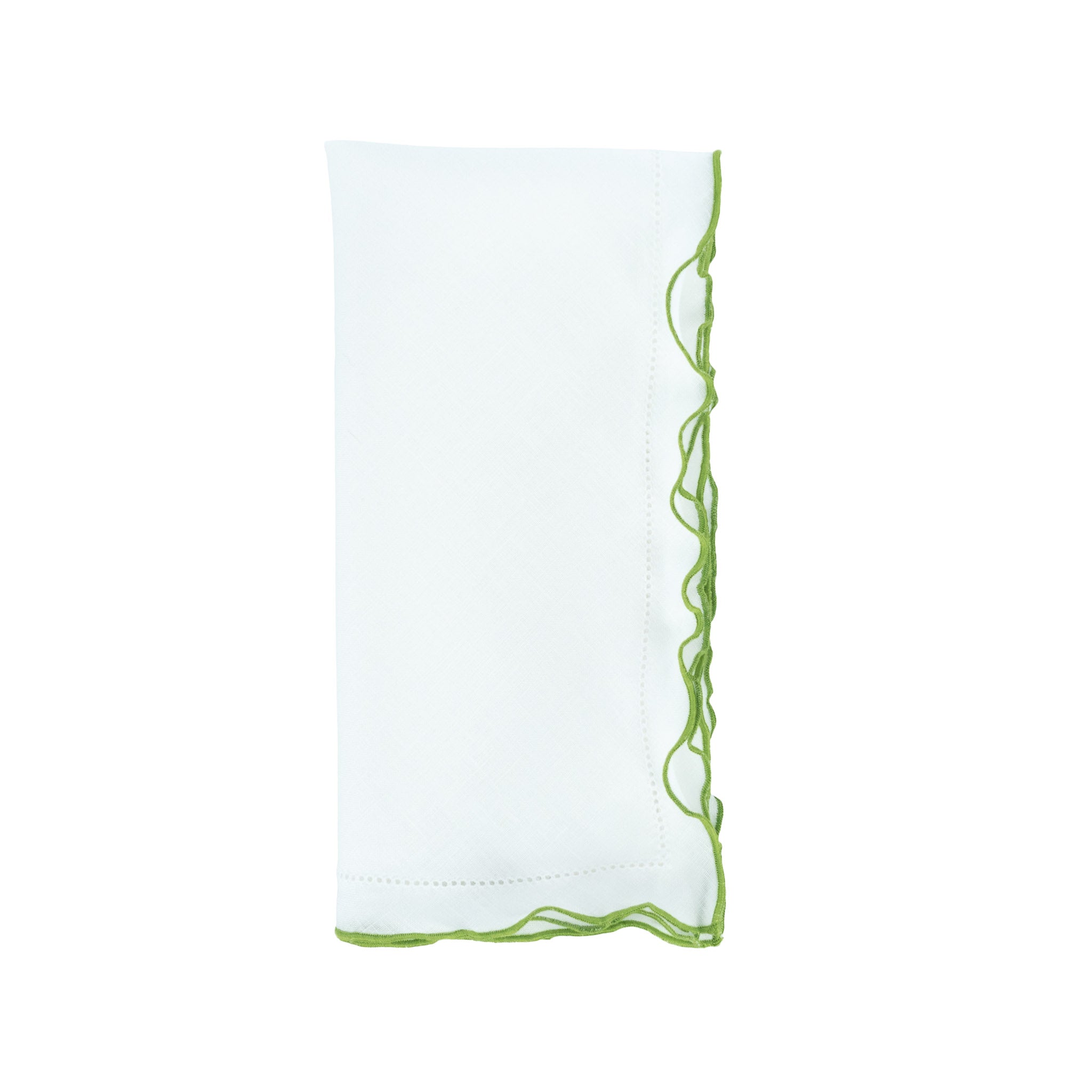 Premium white linen napkins featuring elegant green ruffled hemstitch edges, perfect for adding a stylish touch to your table decor.