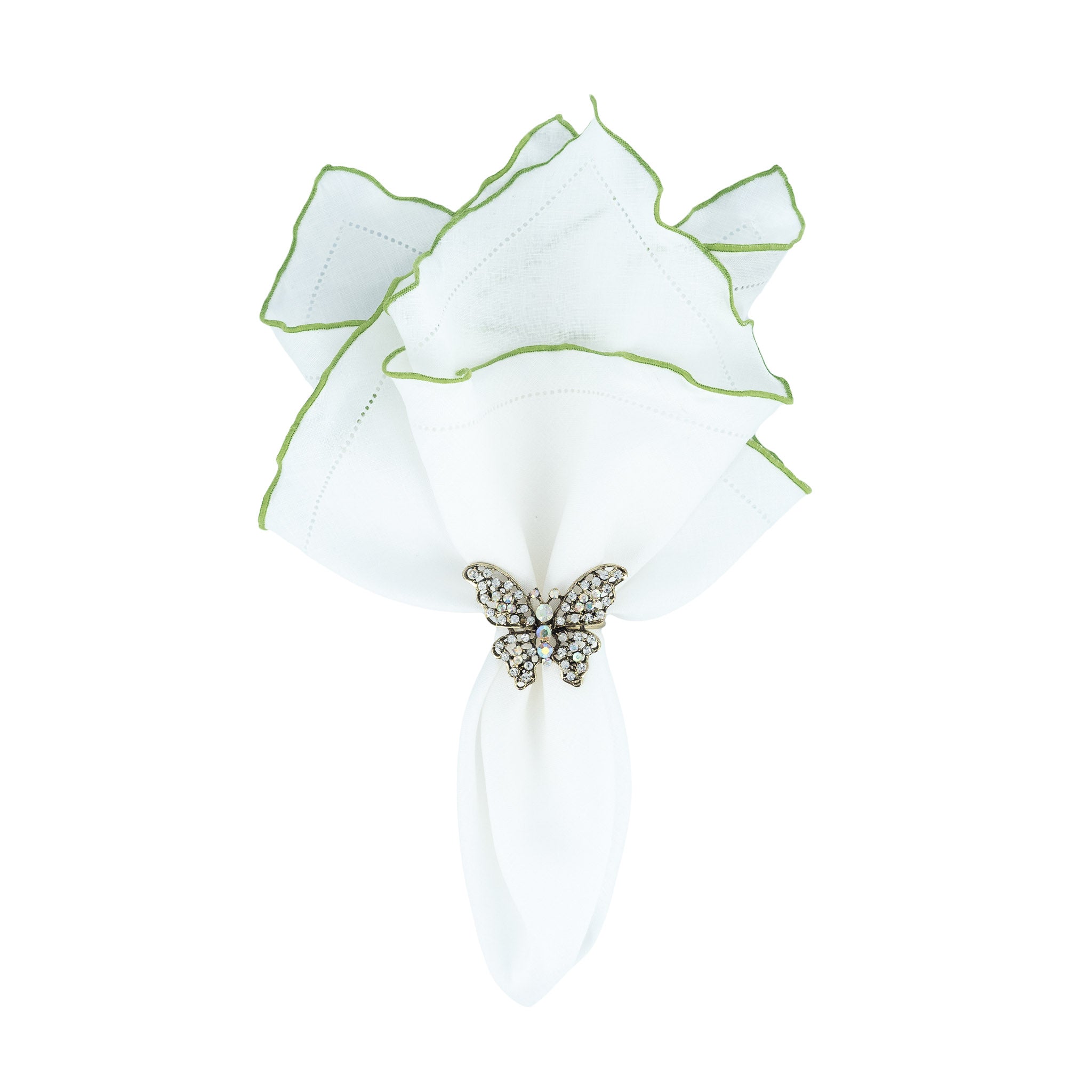 Set of 4 white linen napkins, 21x21 inches, with green ruffled hemstitch edges for a chic dining experience.