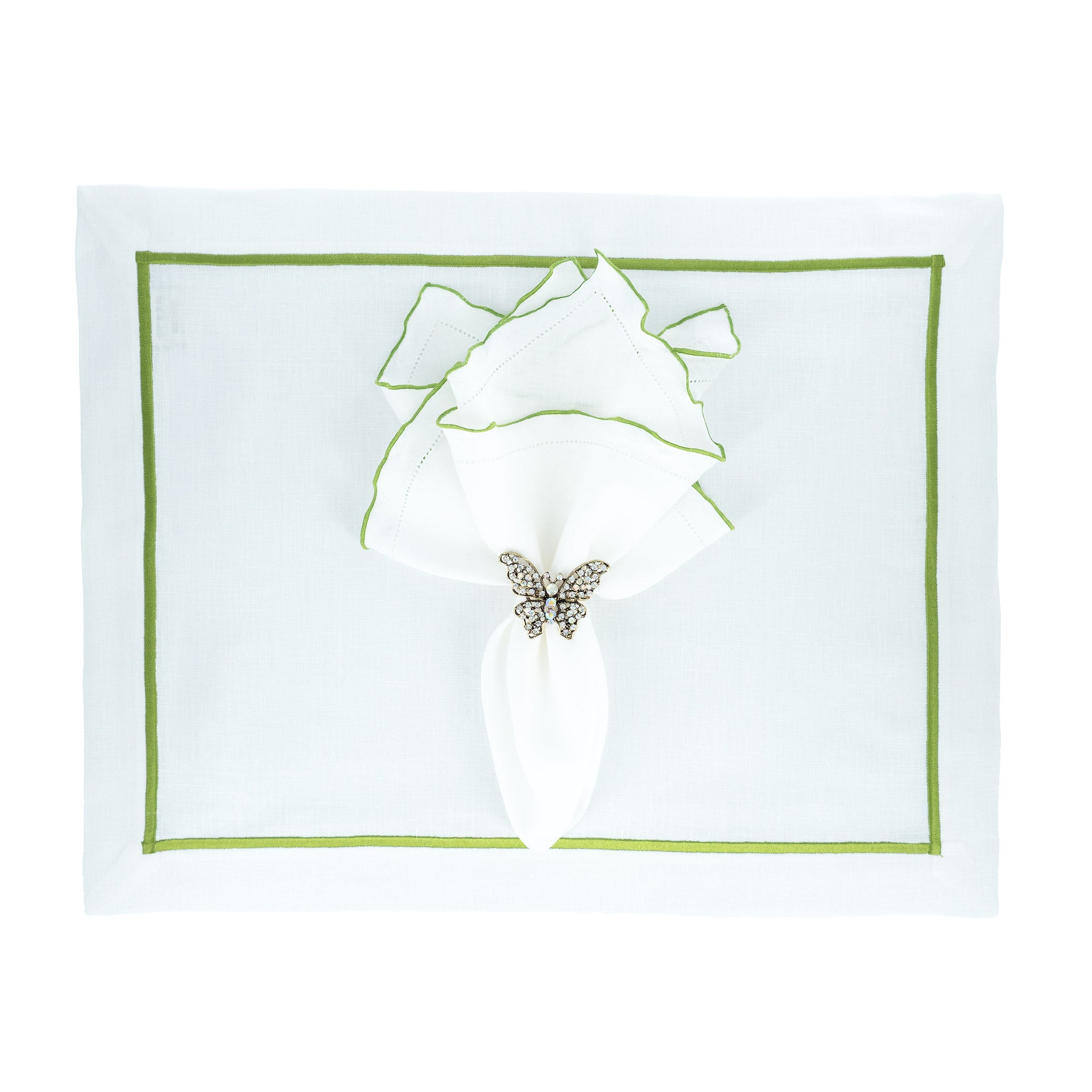 White linen napkins with green ruffled hemstitch edges, crafted to bring a cheerful and sophisticated touch to your table settings.