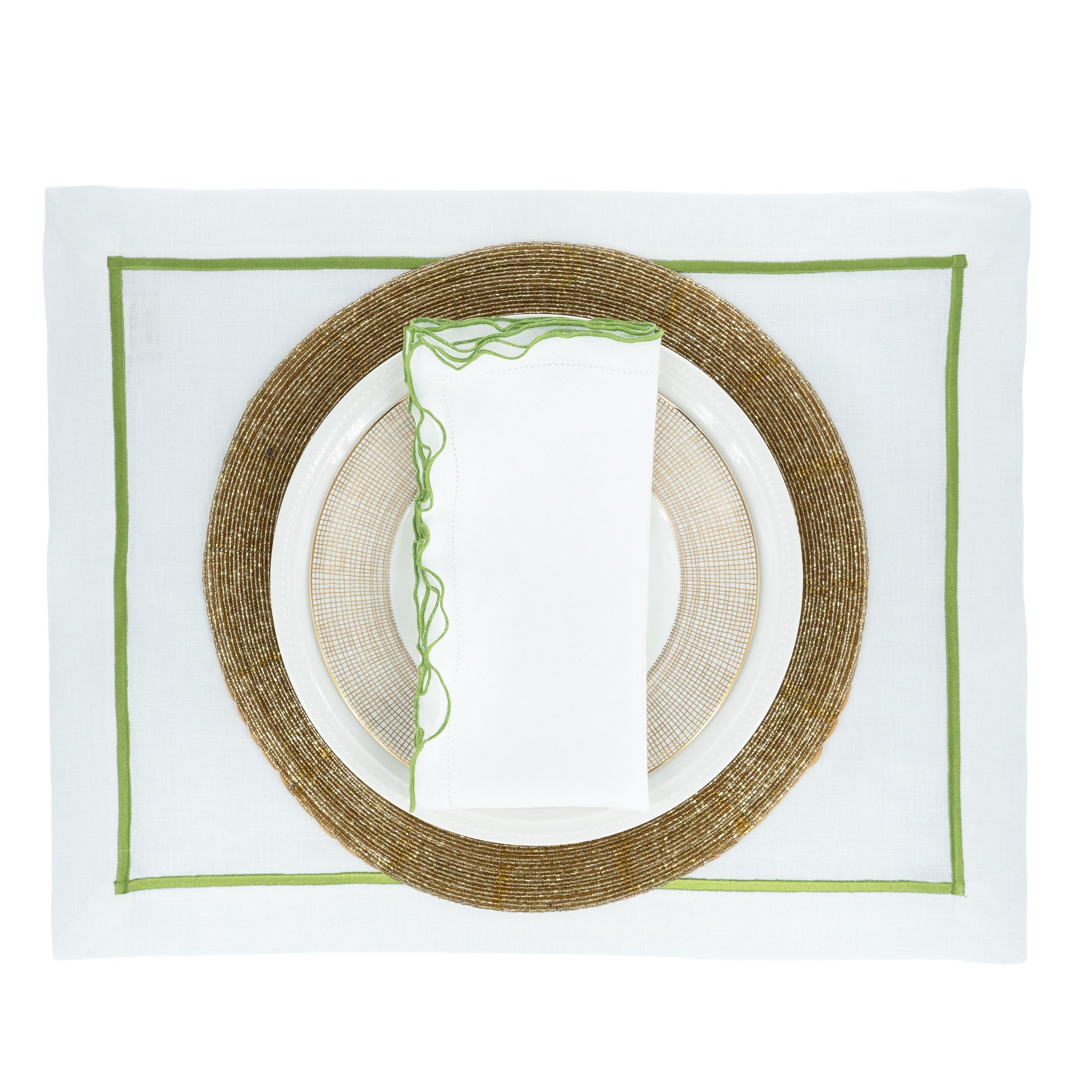 Linen Napkins With Green Ruffled Hemstitch Edges, Set of 4