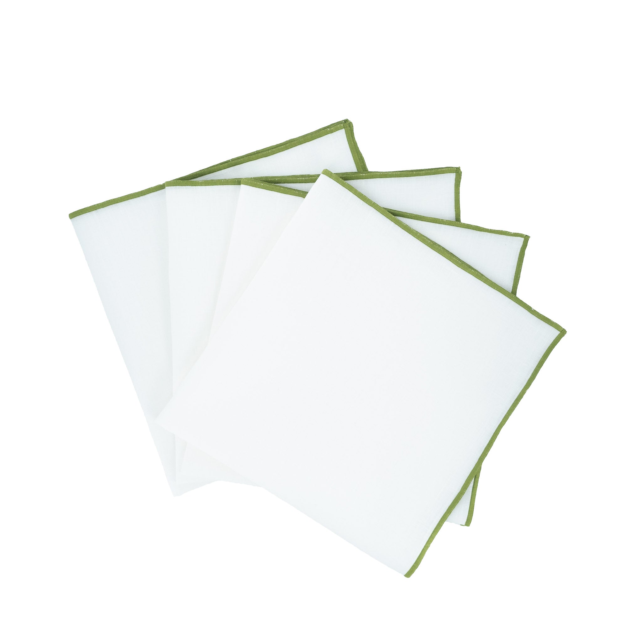 Handmade white linen napkins with decorative green stitch edges, ideal for casual family gatherings and formal events.