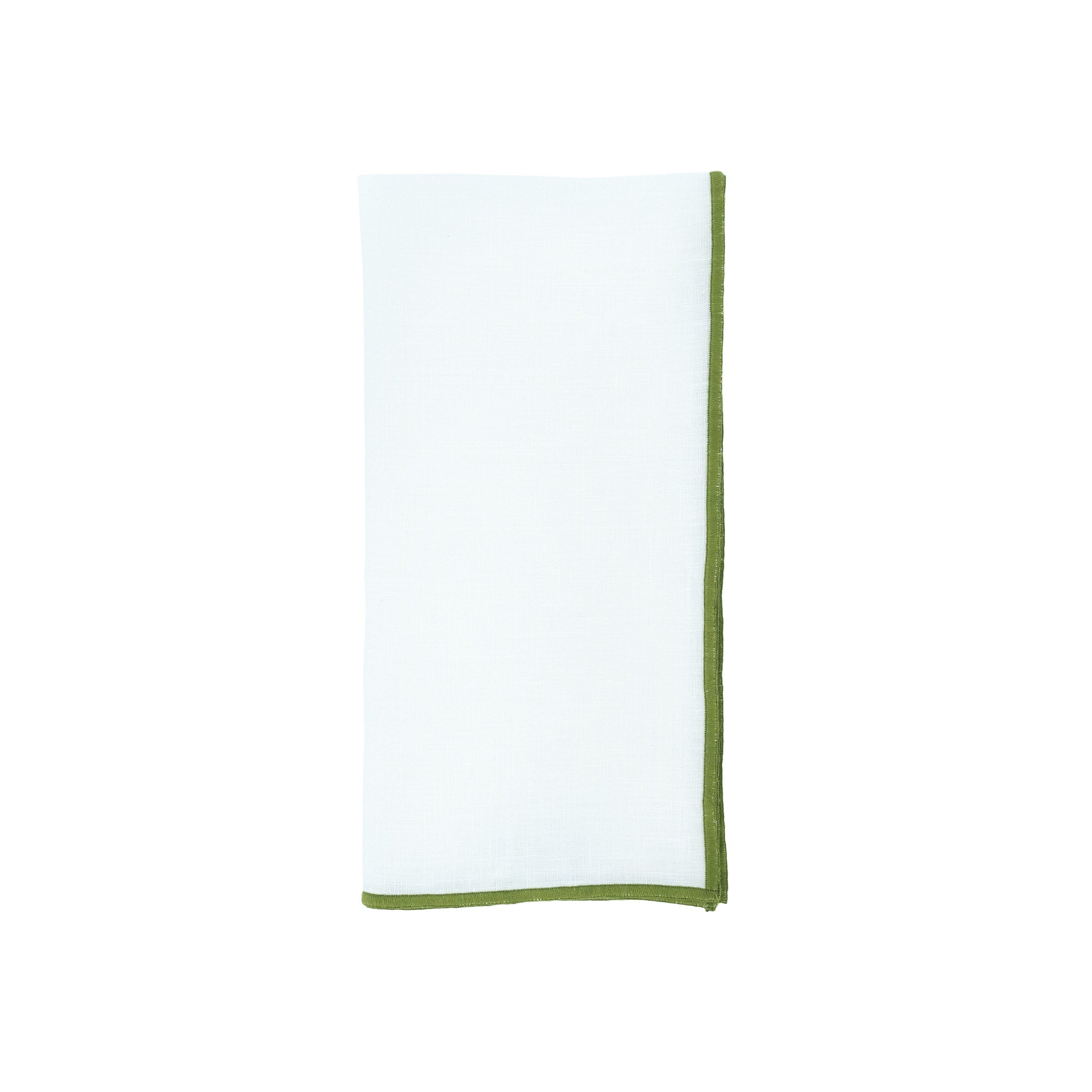 Premium white linen napkins featuring elegant green stitch edges, perfect for adding a stylish touch to your dining decor.