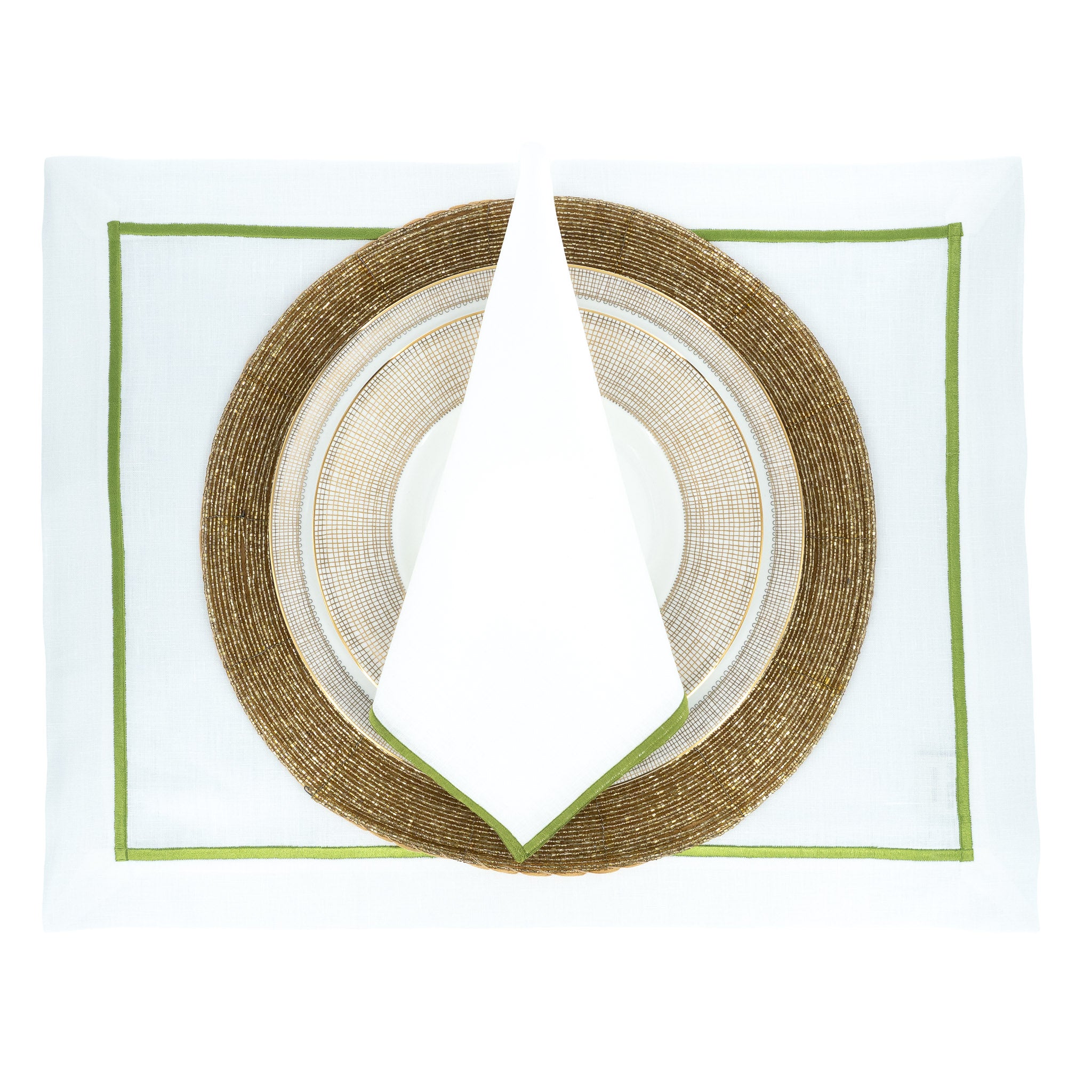 Set of 4 linen napkins, 20x20 inches, with green stitch edges for a chic and sophisticated dining experience.