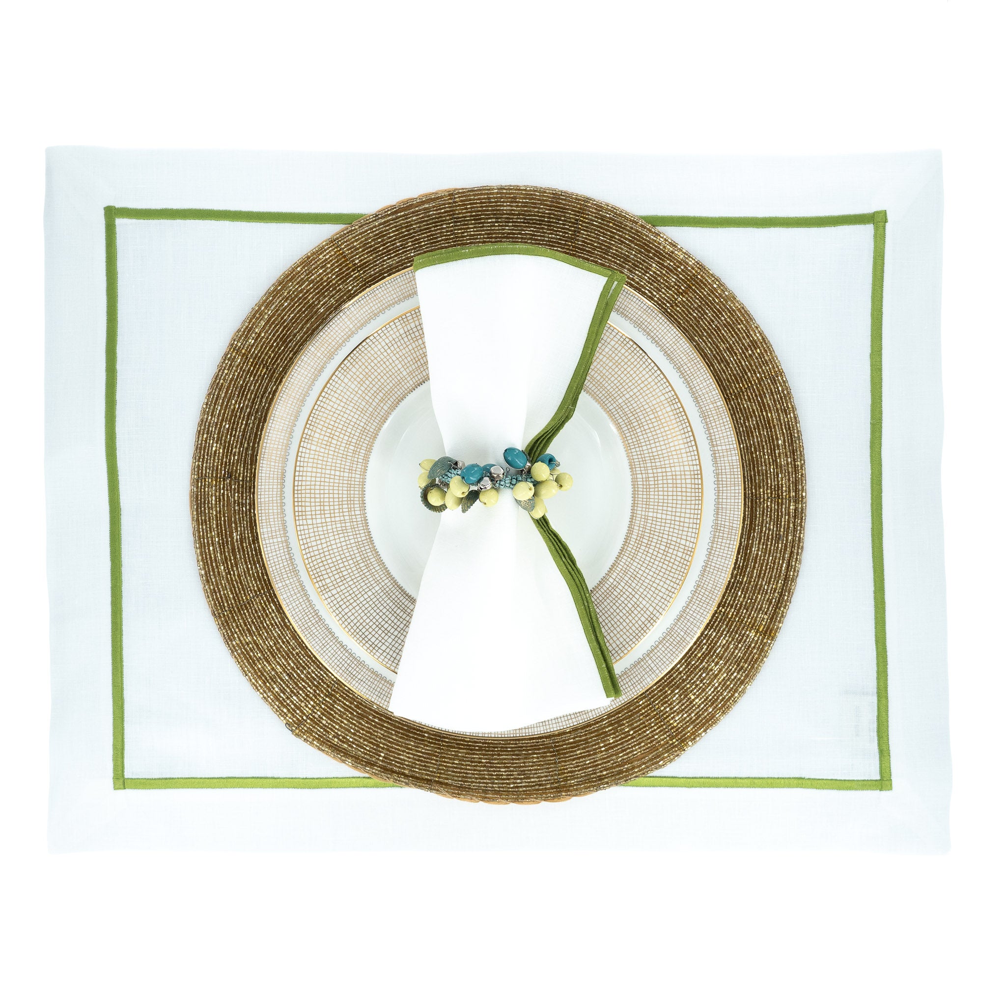 Elegant white linen napkins with green stitch detailing, handmade for lasting quality and charm.