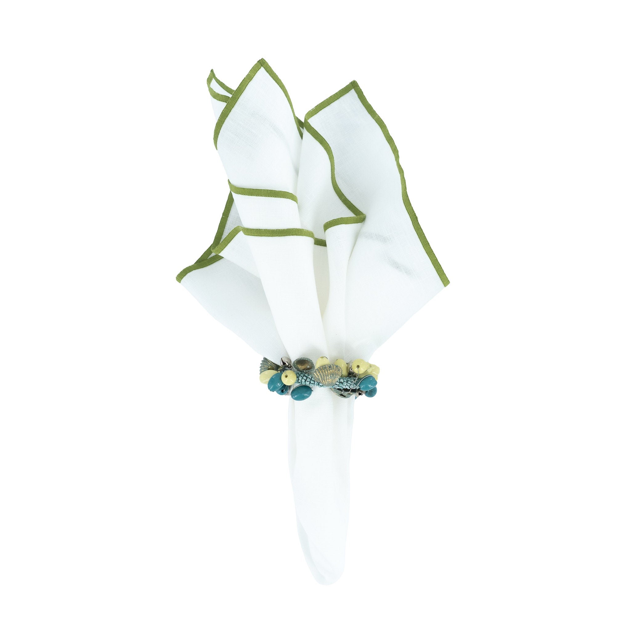 Chouchou Touch handmade white linen napkins with green stitch edges, perfect for enhancing both special occasions and everyday meals.