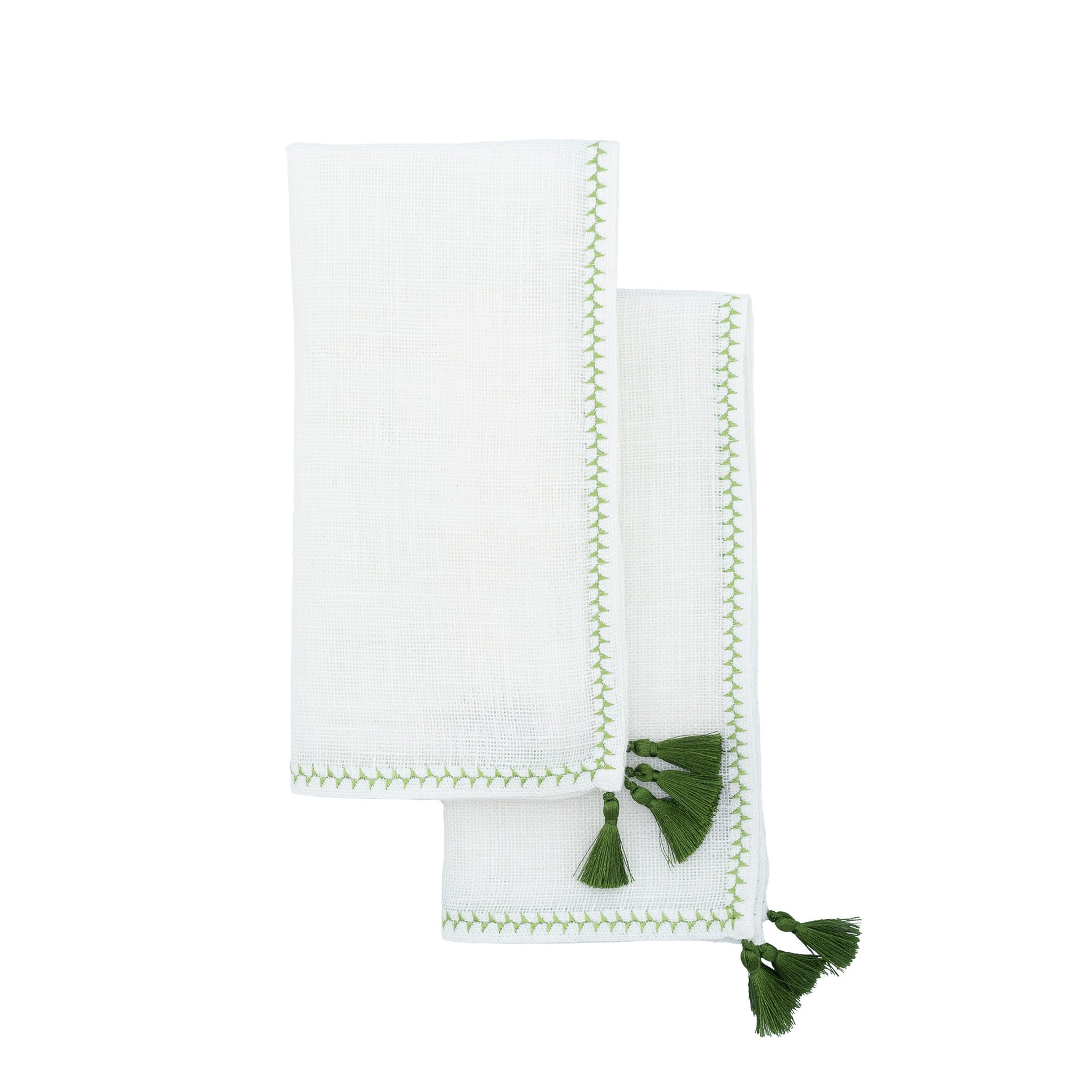 Premium linen napkins featuring charming green tassels, ideal for adding a unique touch to your dining decor.