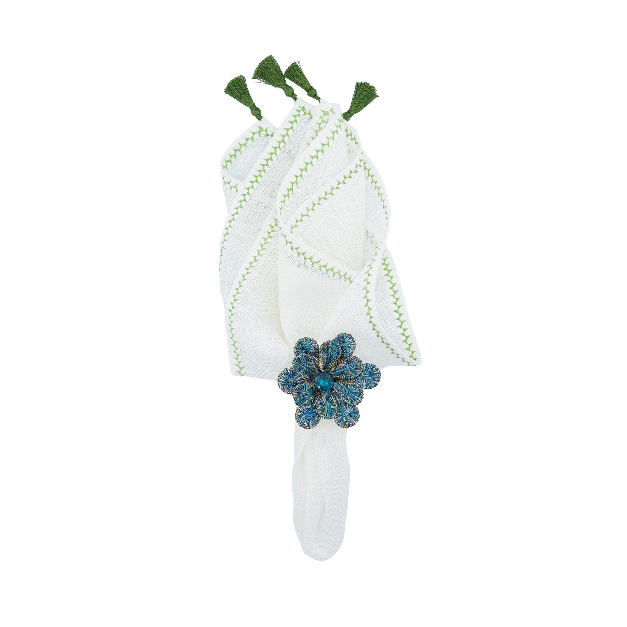 Set of 4 linen napkins, 21x21 inches, with green tassels for a chic and stylish dining experience.