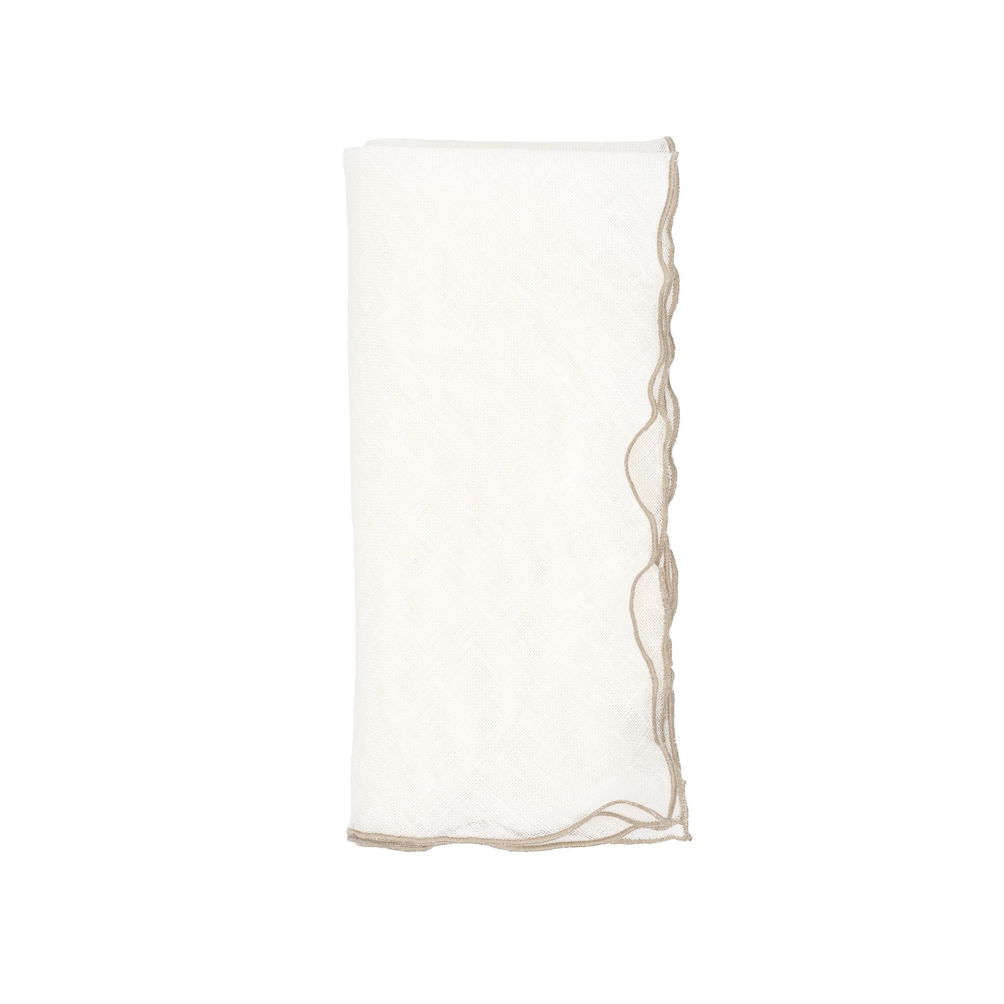 Luxurious linen napkins with khaki ruffled trim, designed for a subtle, sophisticated touch on your tabletop.