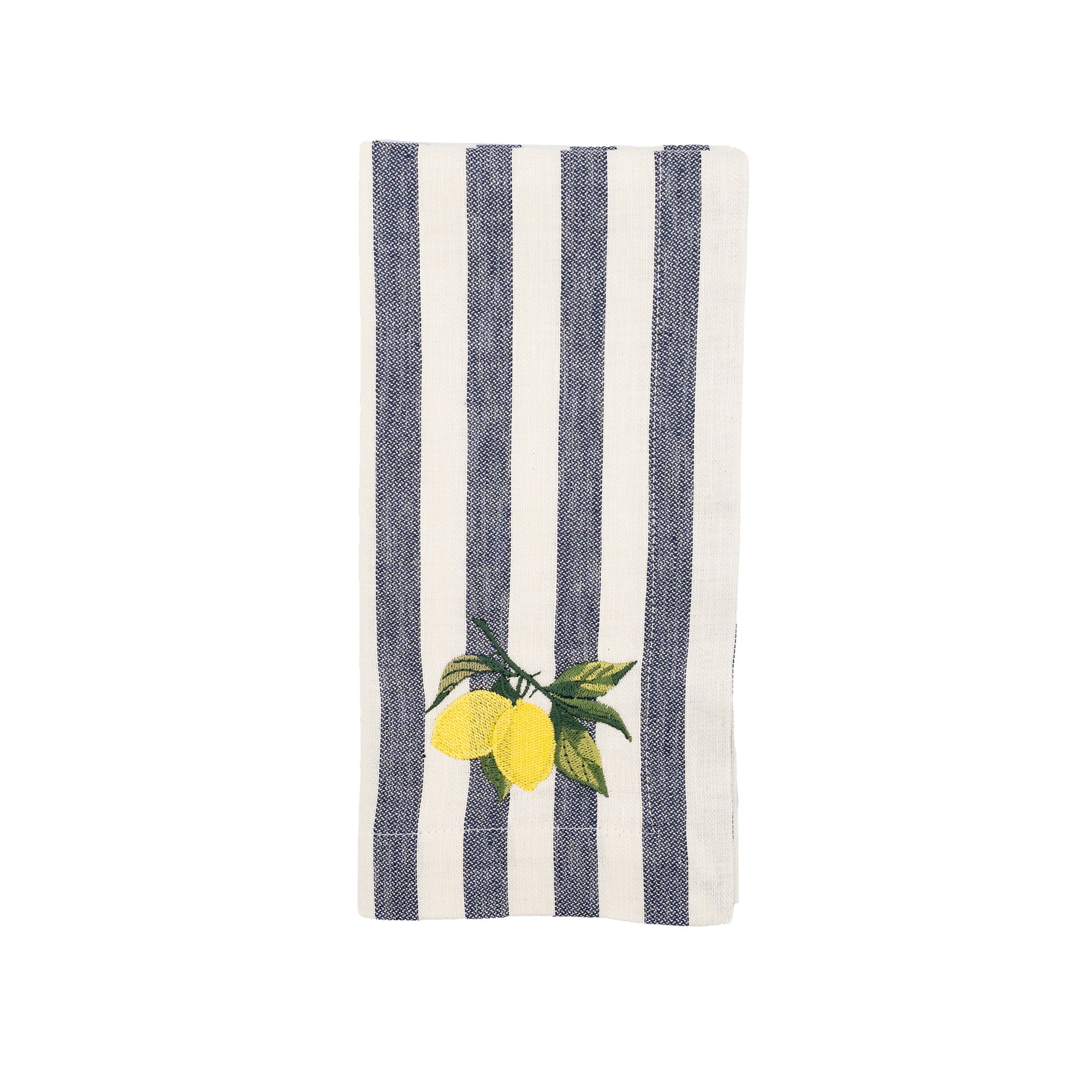 Set of 4 linen napkins, 21x21 inches, with hand-embroidered lemon designs for a chic and playful dining experience.