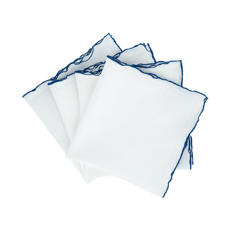 Chouchou Touch Linen Napkins With Navy Ruffled Hemstitch Edges