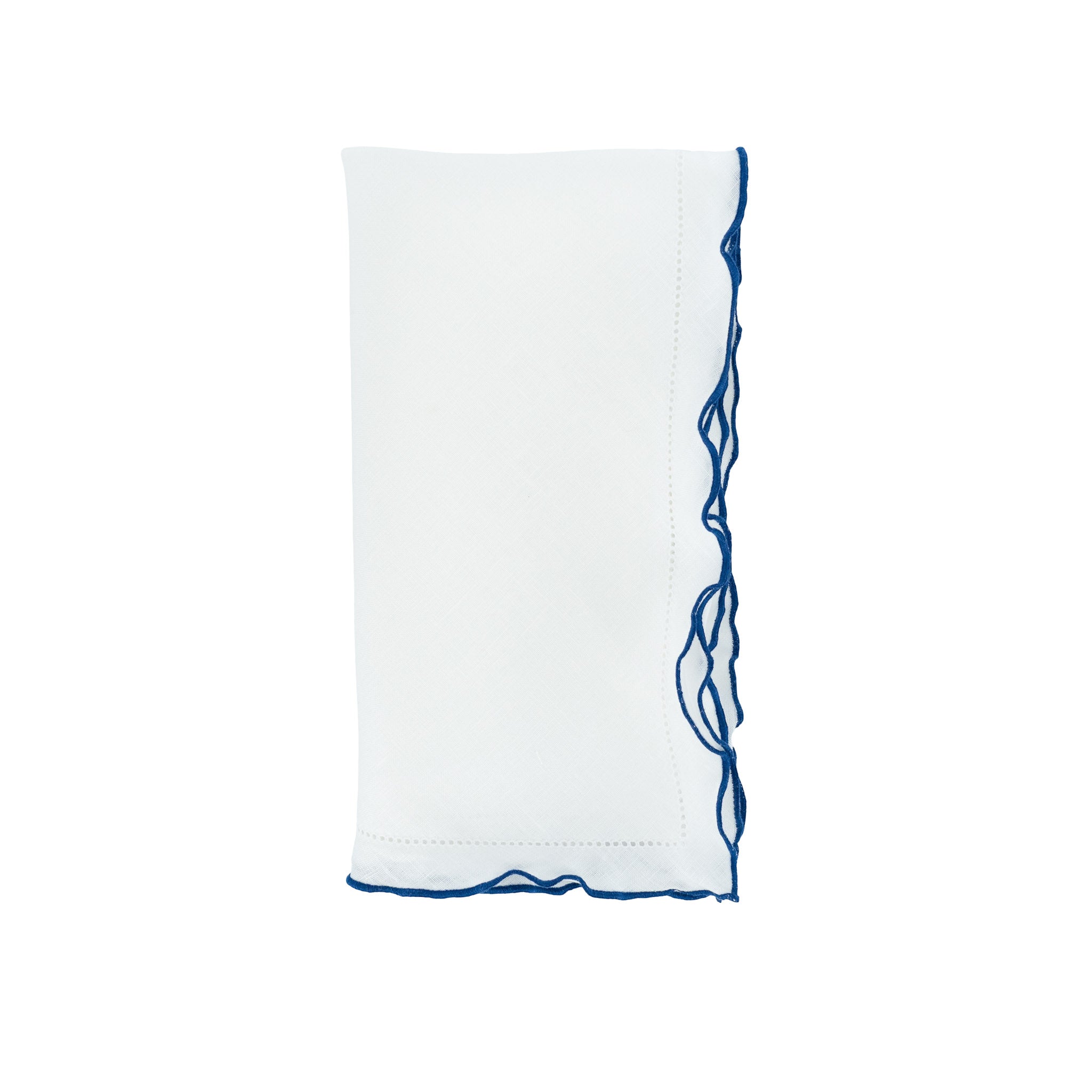 Luxurious white linen napkins with navy ruffled hemstitching, designed to enhance your dining experience.