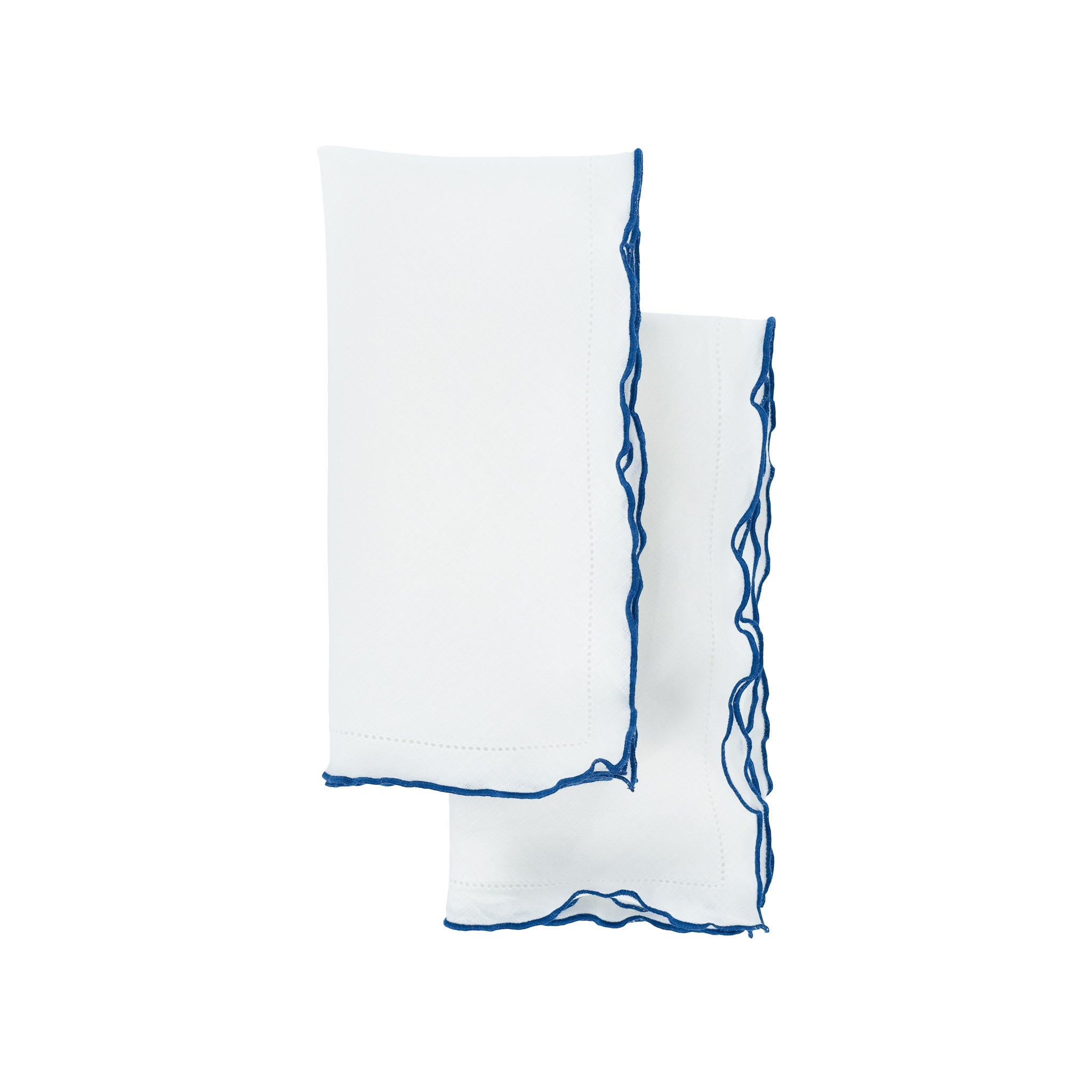 Premium white linen napkins featuring elegant navy ruffled hemstitch edges, perfect for adding a sophisticated touch to your table decor.