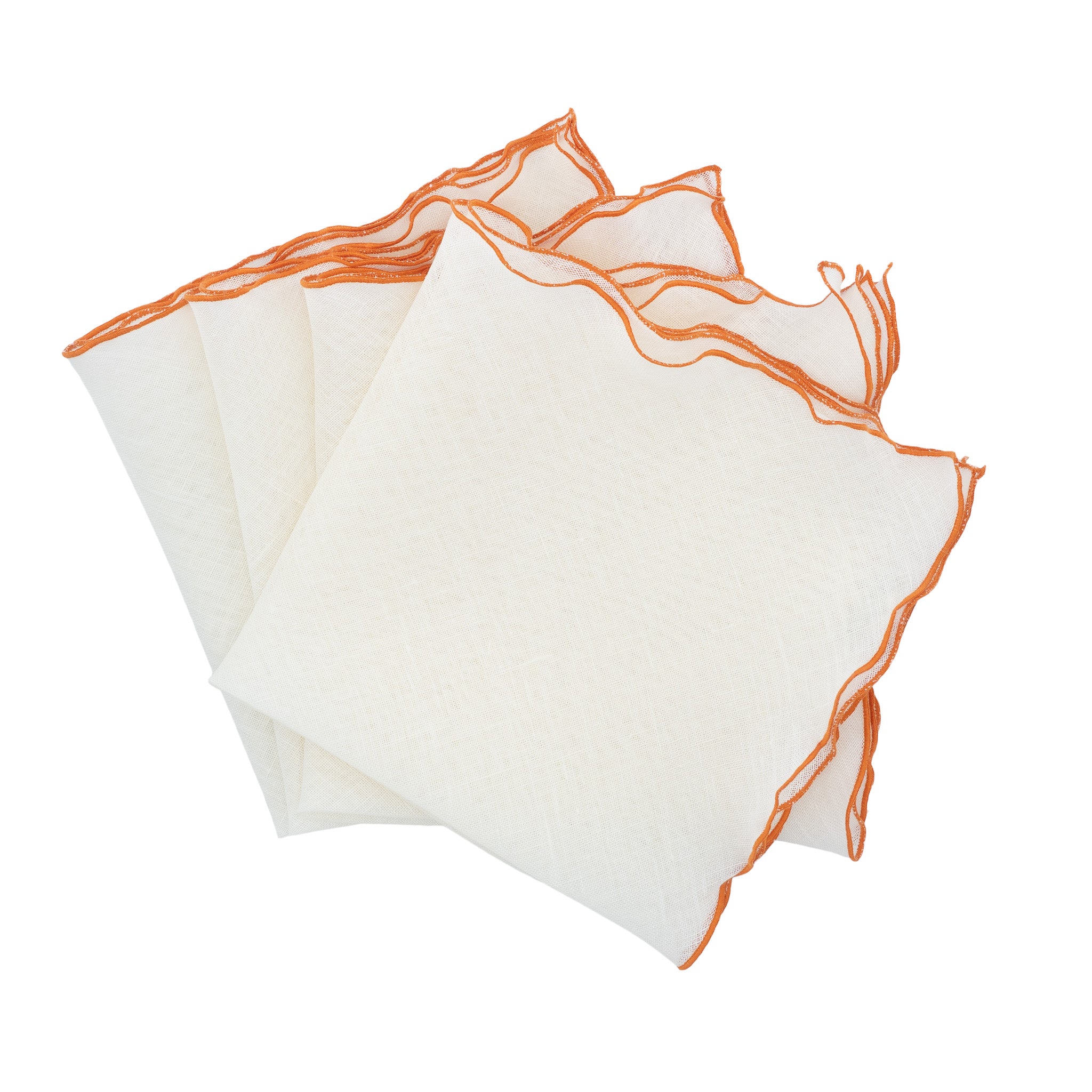 Set of 4 linen napkins with orange ruffled edges, handmade for a bright and elegant tabletop decor.