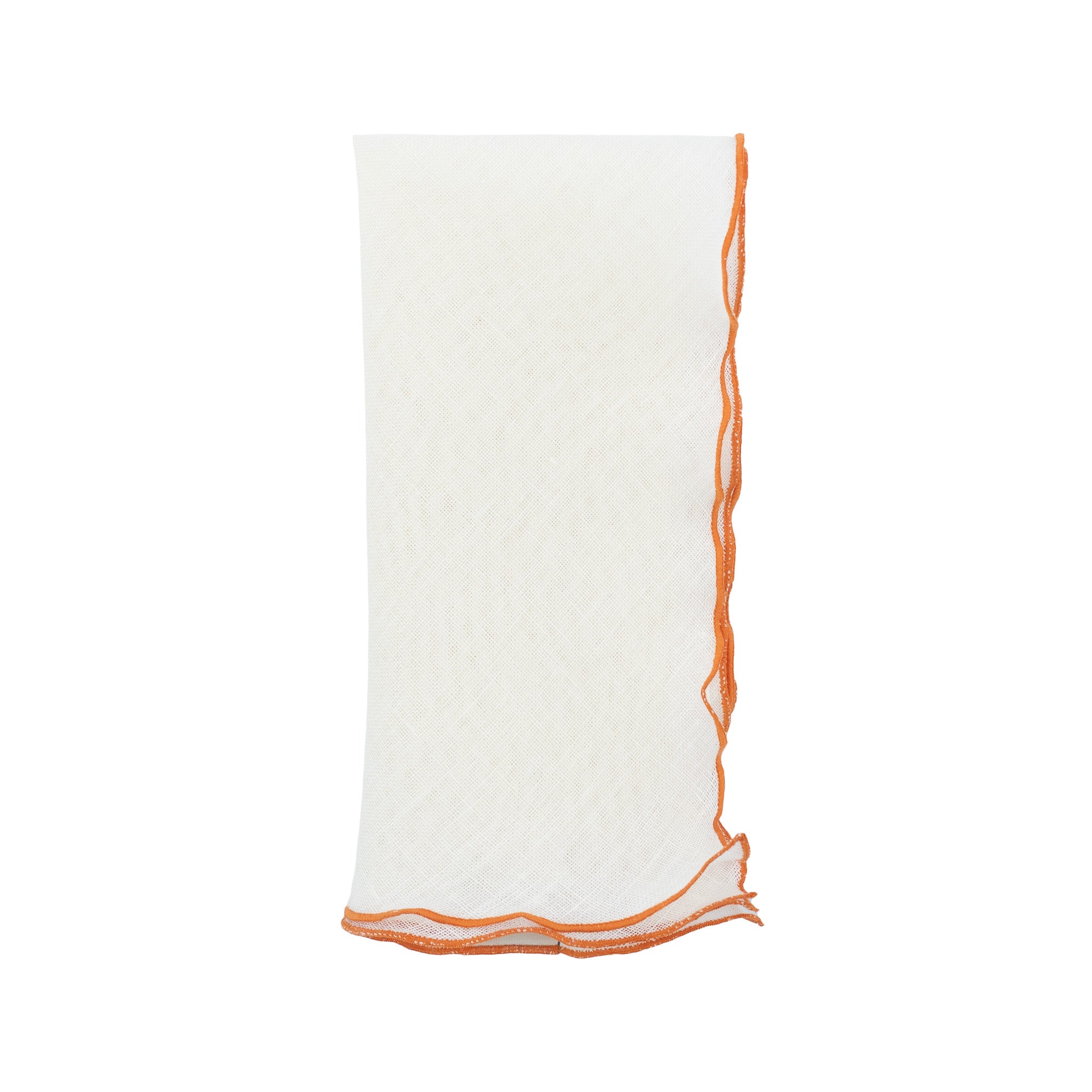 Handmade linen napkins with orange ruffled edges, ideal for both casual family meals and formal events.