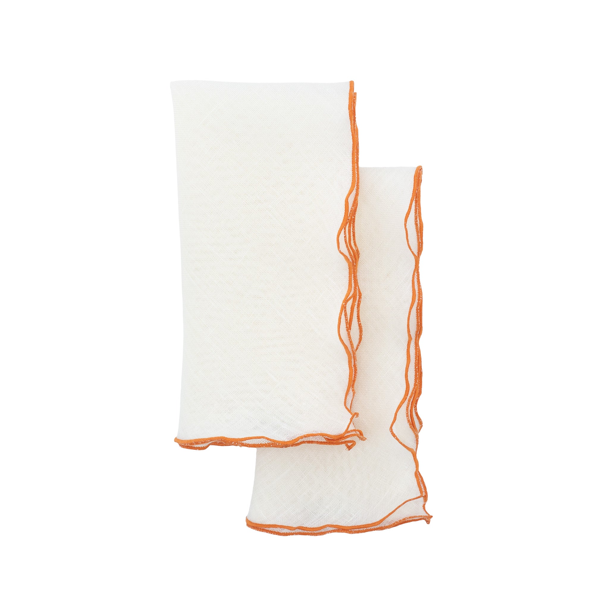 Luxurious linen napkins with vibrant orange ruffled trim, designed for stylish and durable table settings.