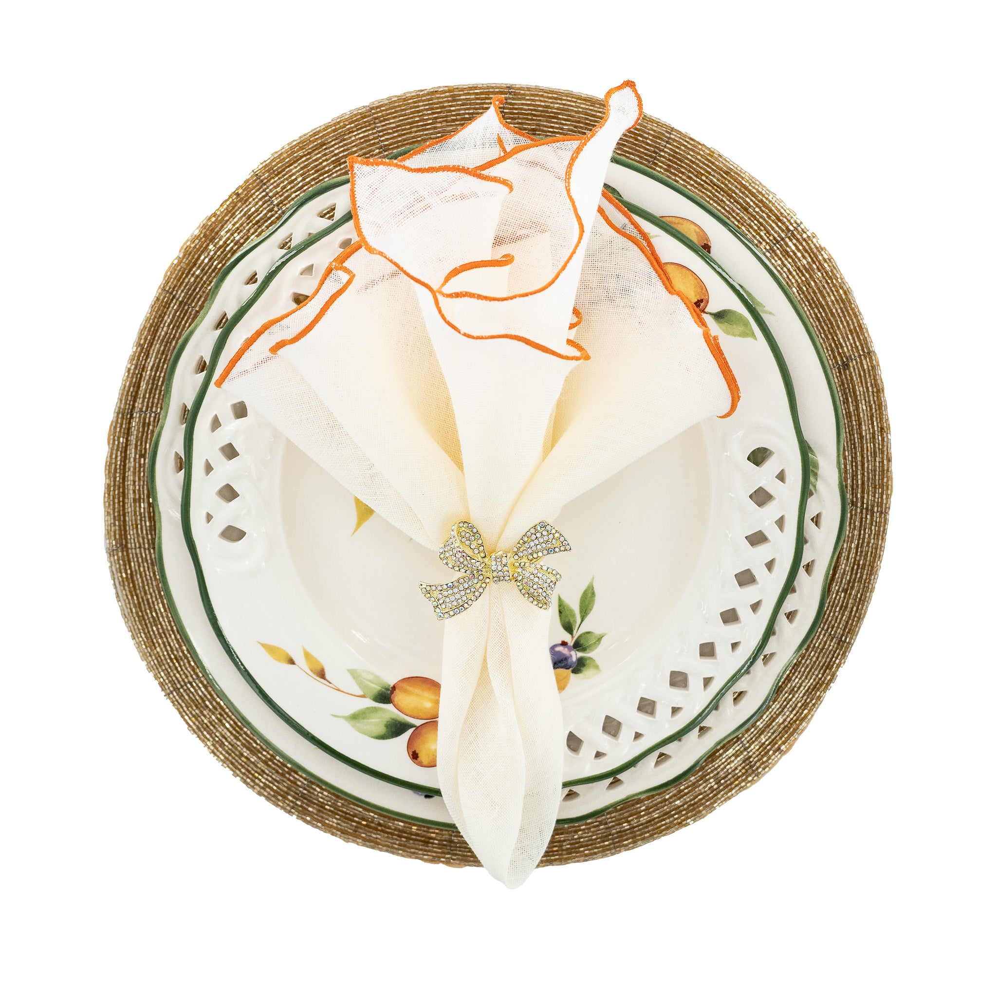 Set of 4 linen napkins, 21x21 inches, with orange ruffled edges, blending sophistication with a touch of color.