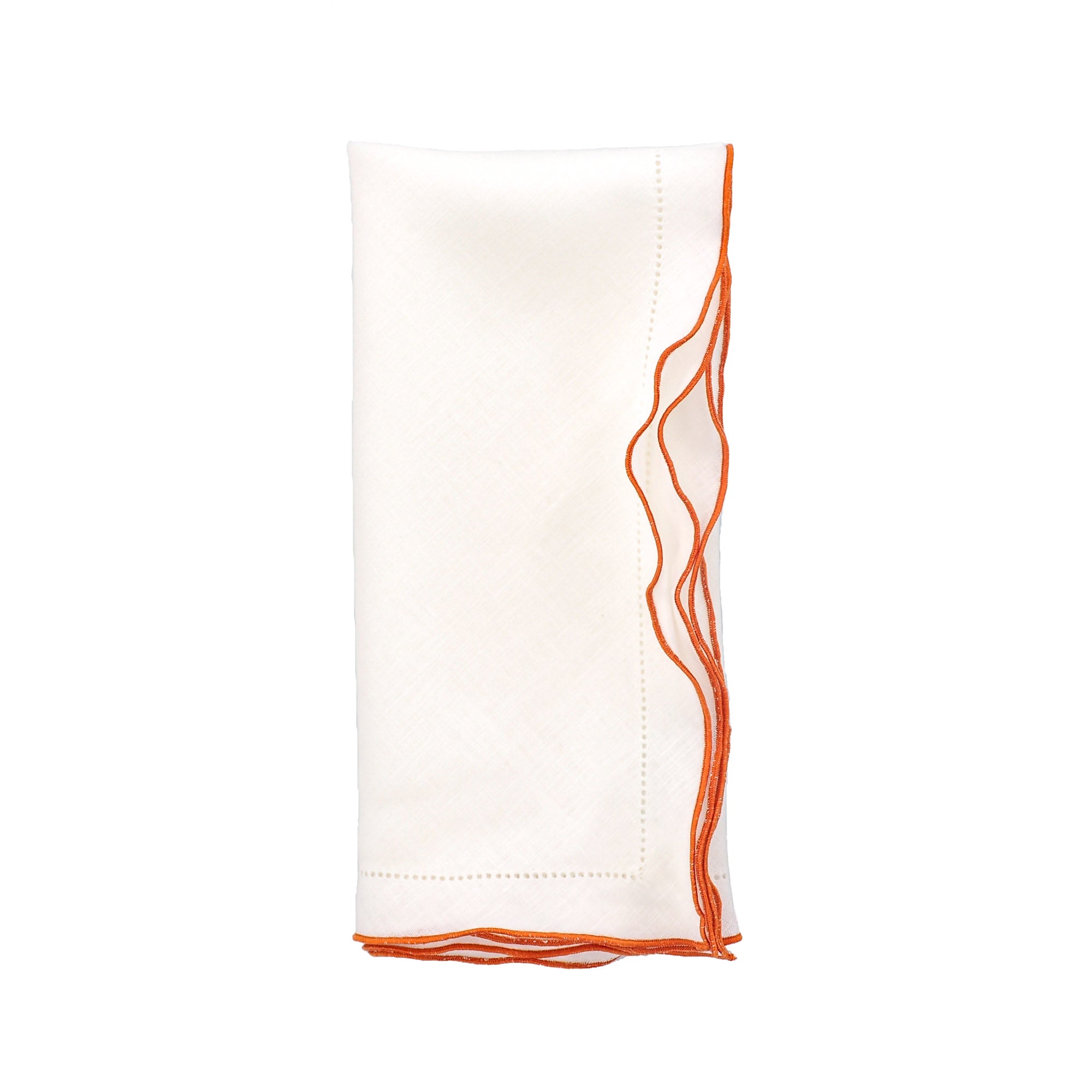 White linen napkin with orange ruffled edge detail, minimalist design on a clean white background