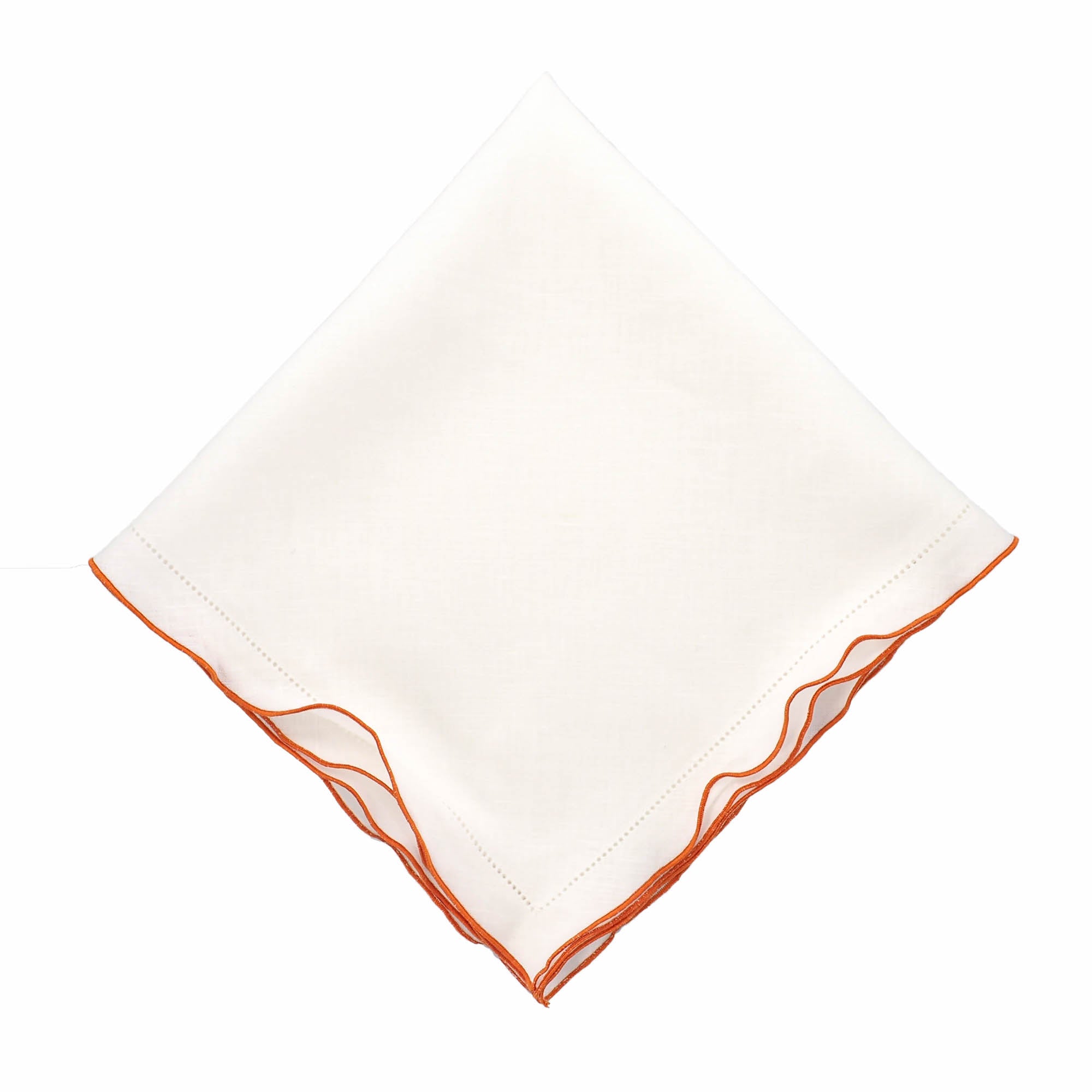 Handmade white linen napkins with decorative orange ruffled hemstitch edges, perfect for both formal and casual gatherings.