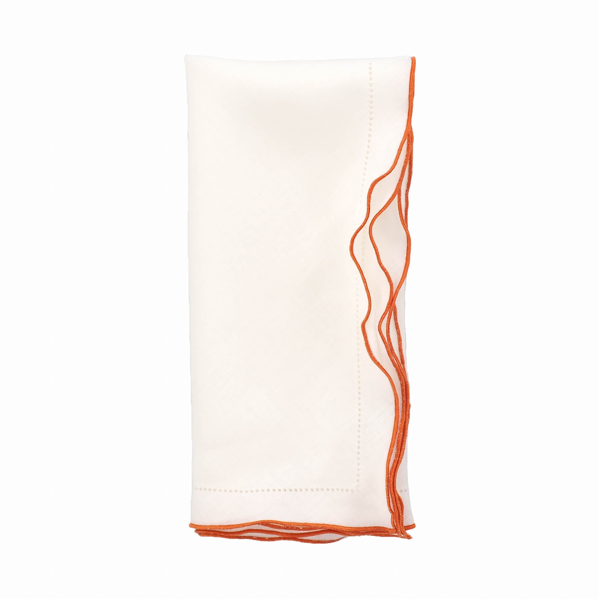 Luxurious white linen napkins with orange ruffled hemstitching, designed to enhance your dining experience.