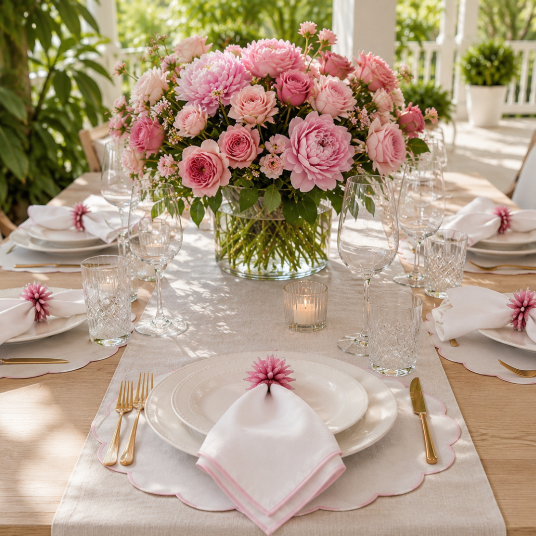 A beautifully set dining table in a sunlit outdoor patio setting, featuring a large pink and white floral centerpiece, white plates, clear glassware, gold cutlery, and pink napkins with flower toppers.