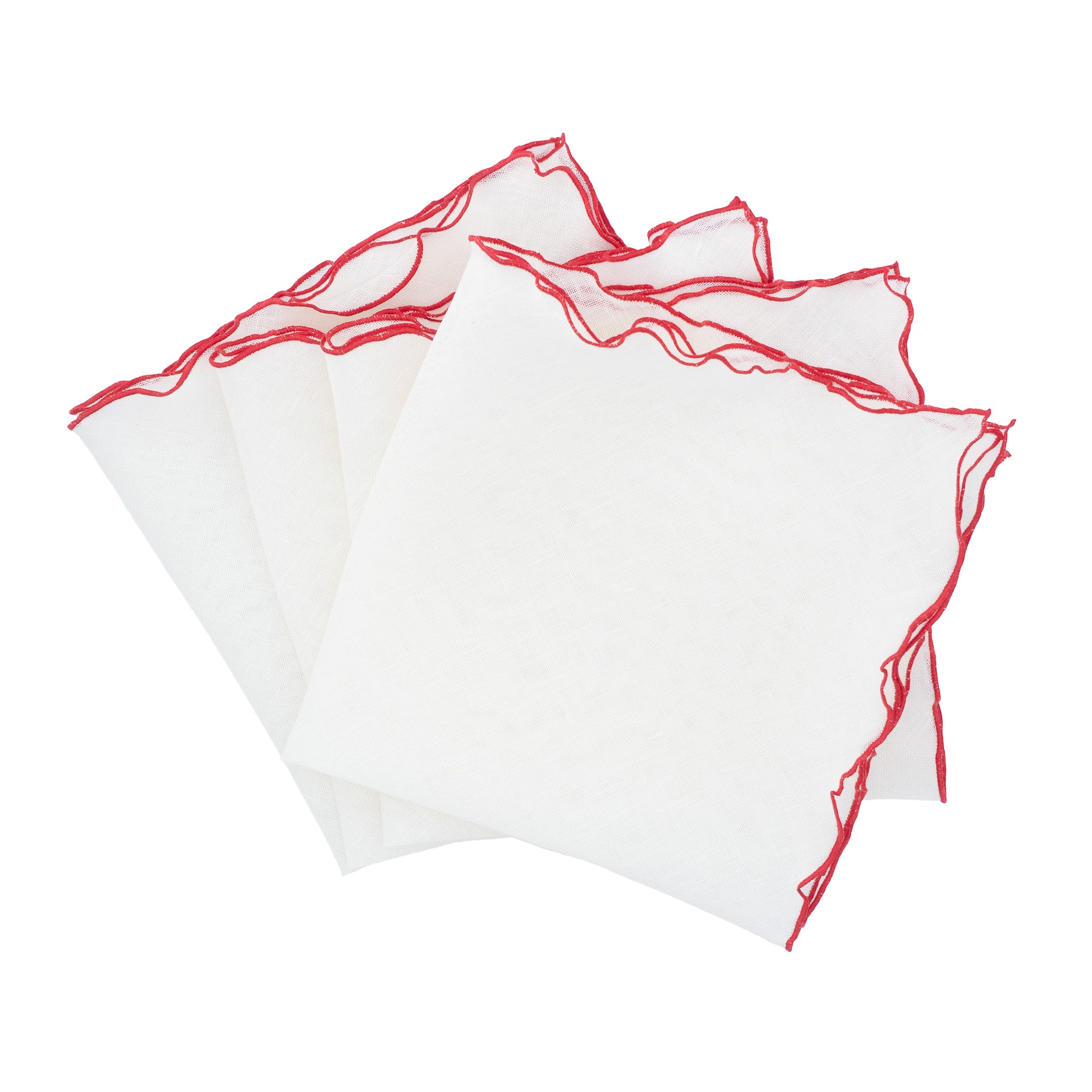 Set of 4 linen napkins with red ruffled edges, handmade for an elegant and festive table setting.