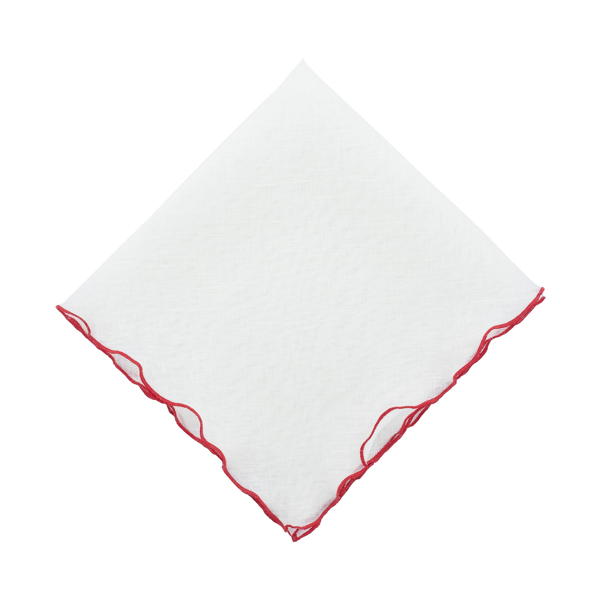 Close-up of linen napkin featuring red ruffled edges, crafted from 100% high-quality linen for a refined dining experience.