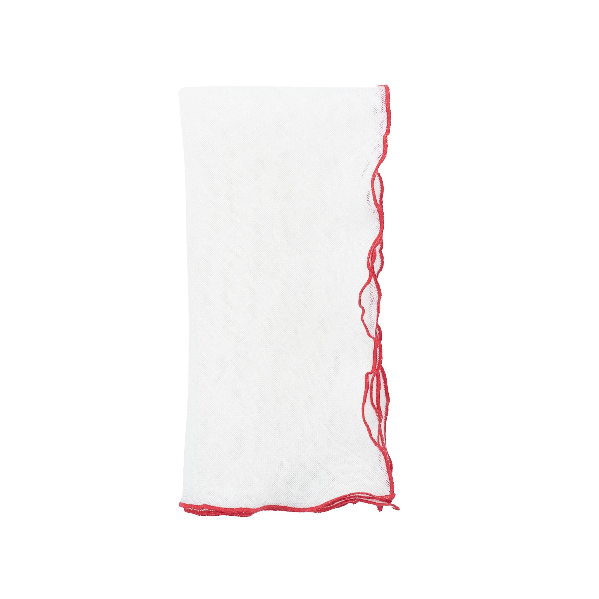 Handmade linen napkins with decorative red ruffled edges, perfect for both formal events and casual family gatherings.