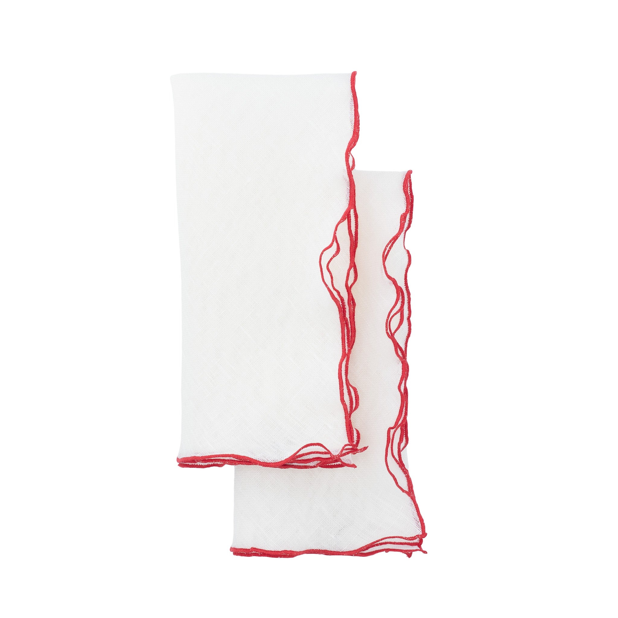 Luxurious linen napkins with red ruffled edges, designed to enhance your tabletops for any occasion.