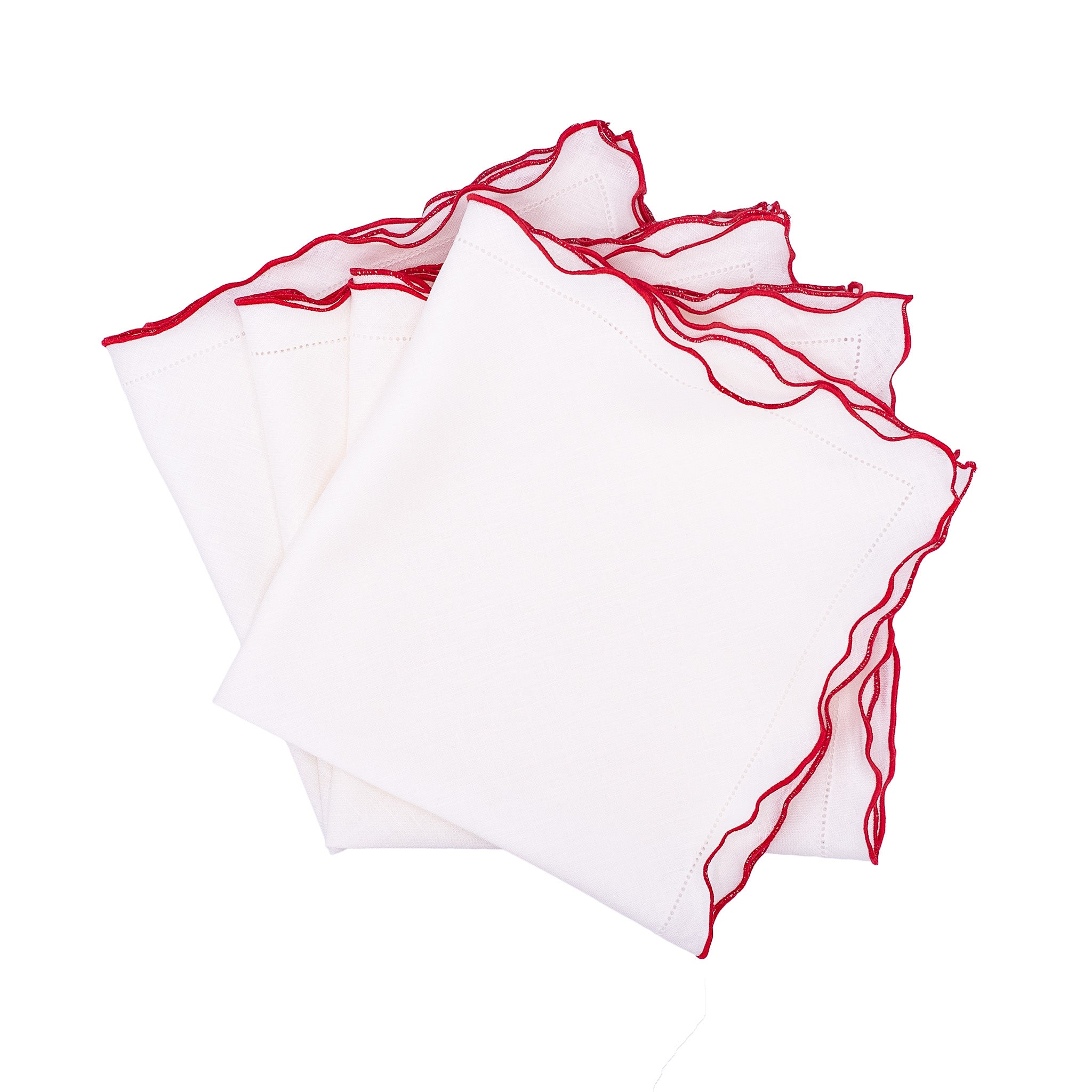 Luxurious white linen napkins with red ruffled hemstitching, designed to add a touch of sophistication to your dining experience.