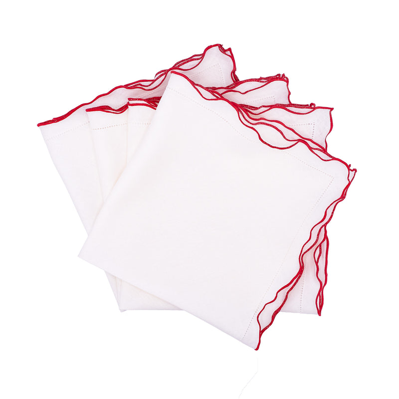 Linen Napkins With Red Ruffled Hemstitch Edges, Set of 4