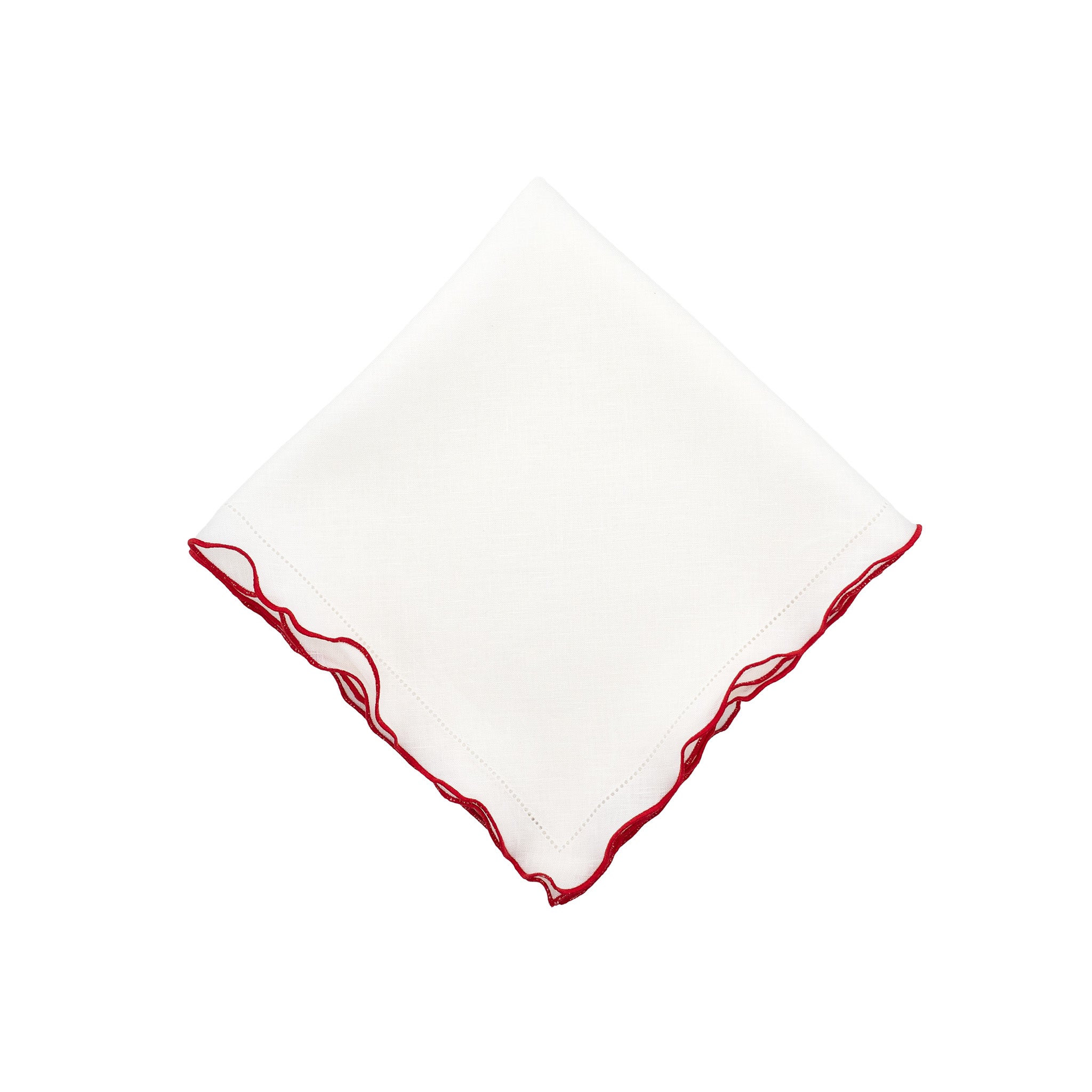 Premium white linen napkins featuring elegant red ruffled hemstitch edges, ideal for enhancing your table decor.