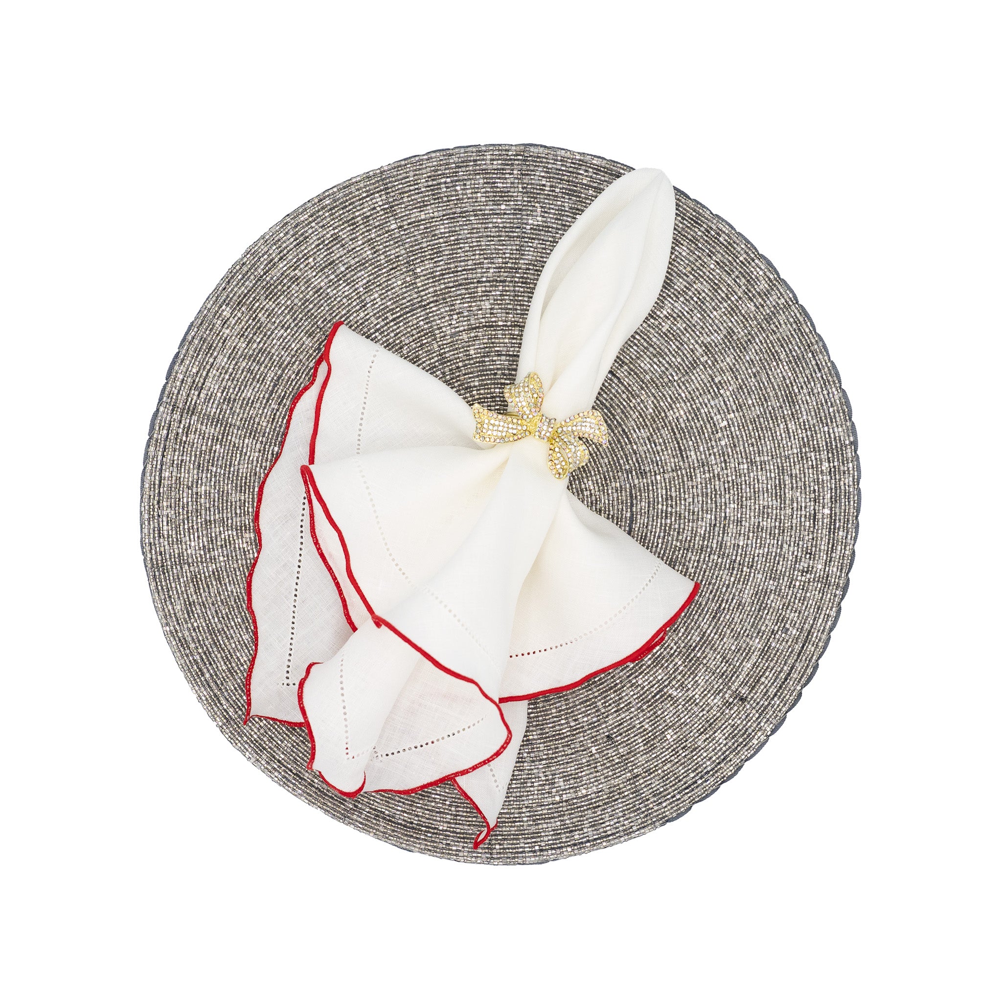 Linen Napkins With Red Ruffled Hemstitch Edges, Set of 4