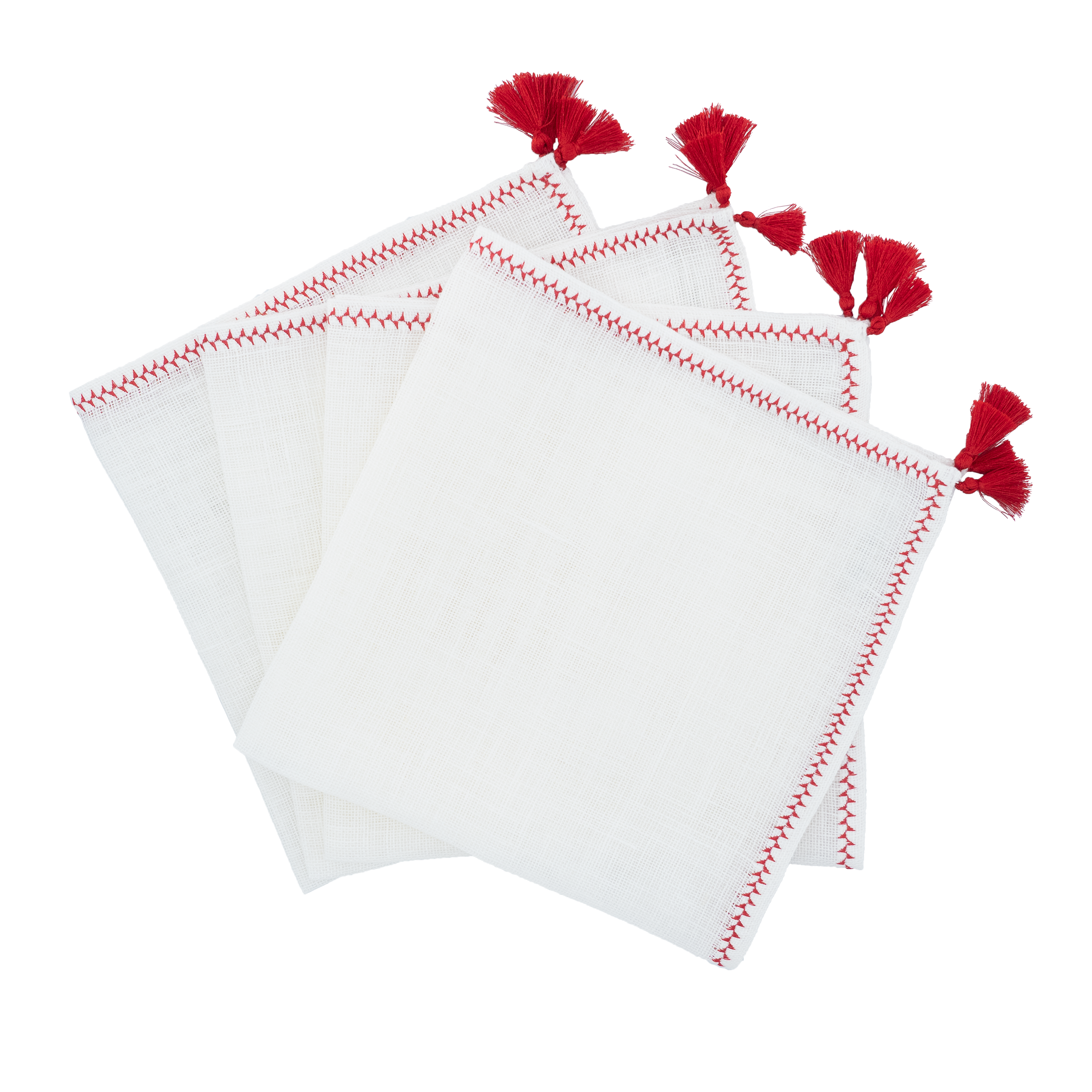 Set of 4 linen napkins with red tassels, handmade to add a vibrant touch to your table setting.