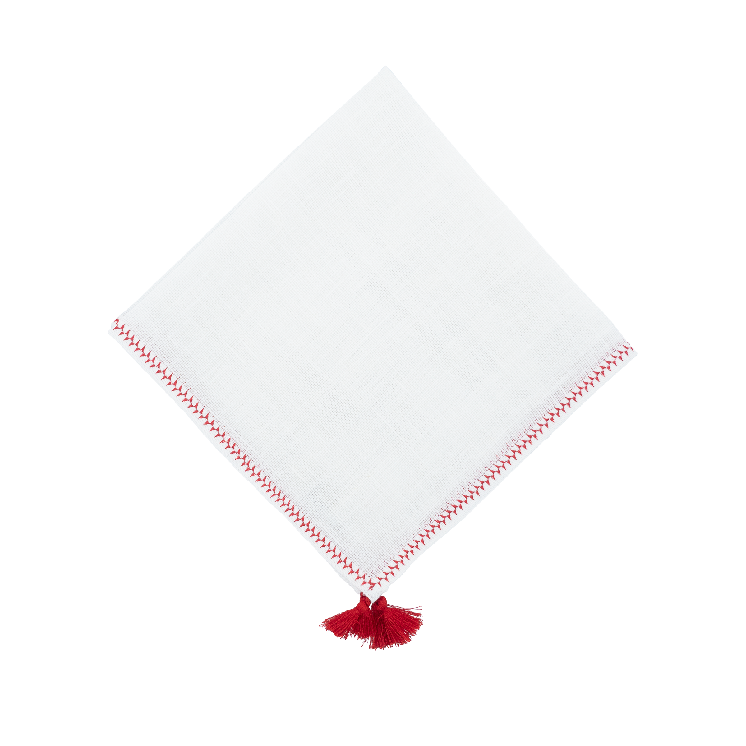 Close-up of linen napkin featuring red tassels, crafted from 100% high-quality linen for a refined dining experience.